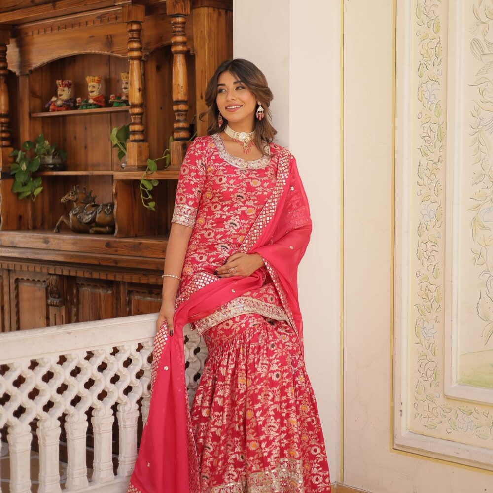 Pink Faux Blooming Sequins Embroidered Sharara Set with Matching Dupatta ? Festive & Party Wear 2024