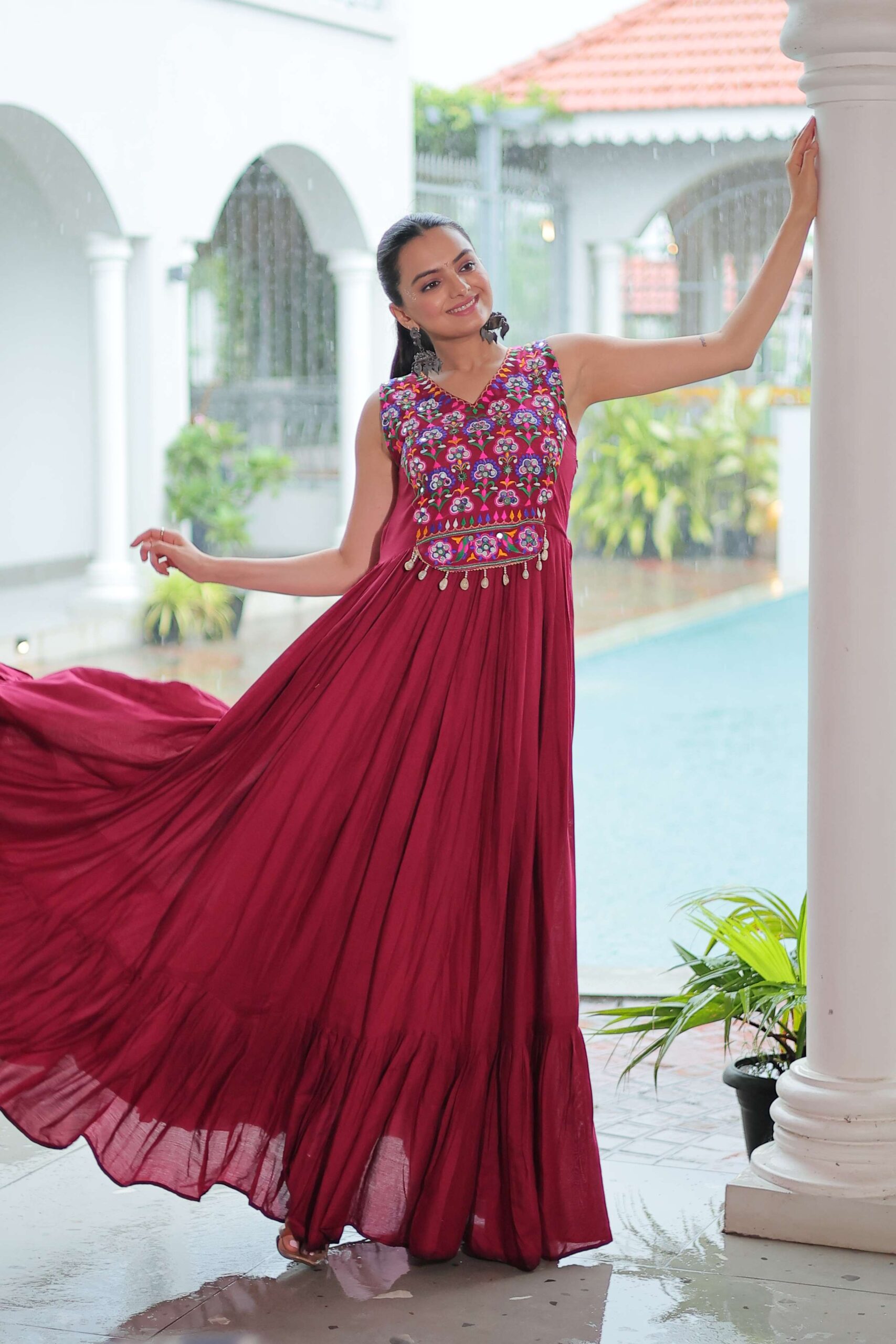 Maroon Elegant Kutchi Embroidered Frill Gown ? Perfect for Navratri Celebrations - Image 7