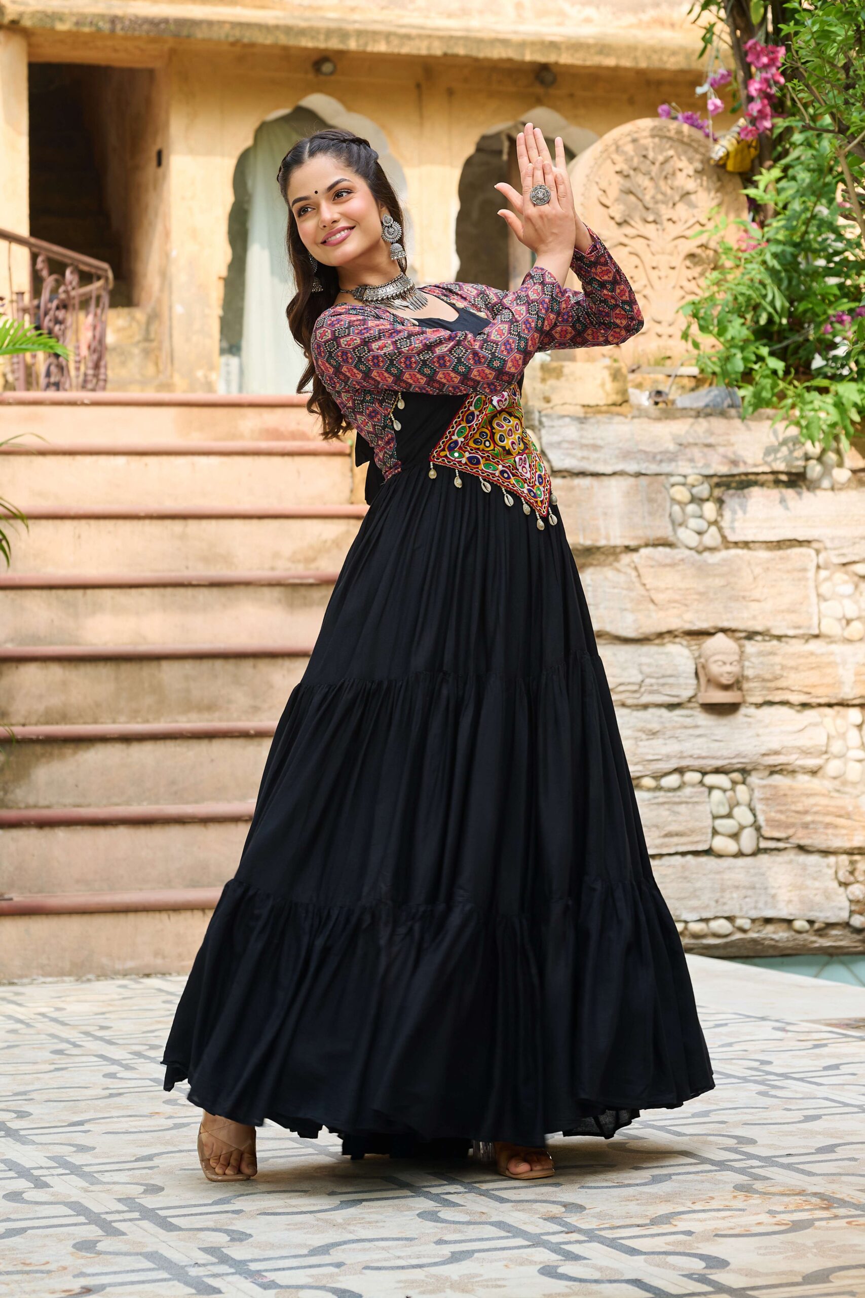 Black Navratri Special 14 Kg Reyon Designer Gown with Kutchi Gamthi & Cotton Print Work - Image 7