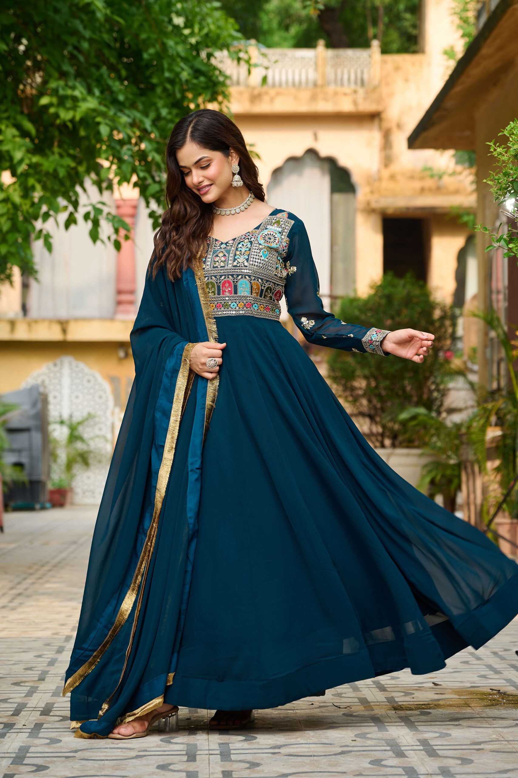 Rama Elegant Faux Blooming Designer Gown with Sequins & Multi-Thread Embroidery ? Ethnic Dupatta Set - Image 2