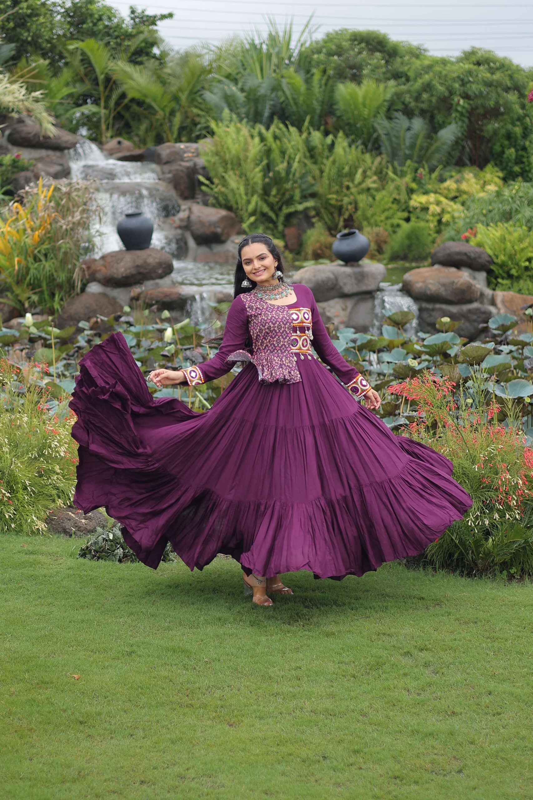 Wine Navratri Special Gown with Elegant Kutchi Embroidery - Image 8
