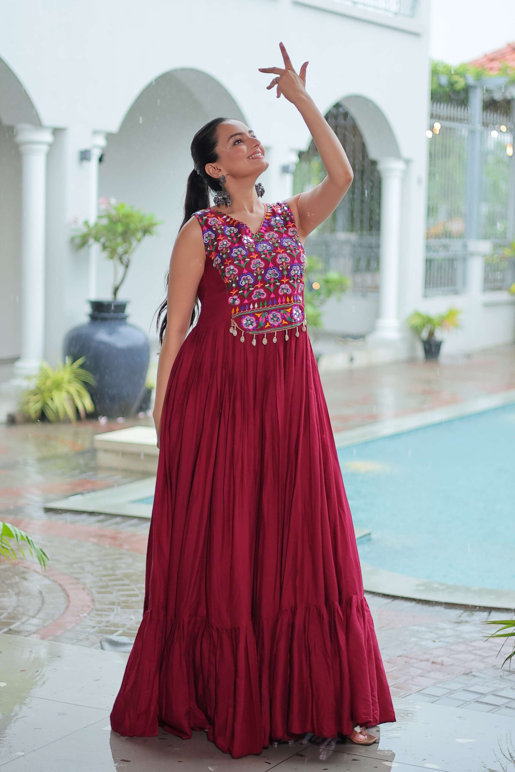 Maroon Elegant Kutchi Embroidered Frill Gown ? Perfect for Navratri Celebrations - Image 4
