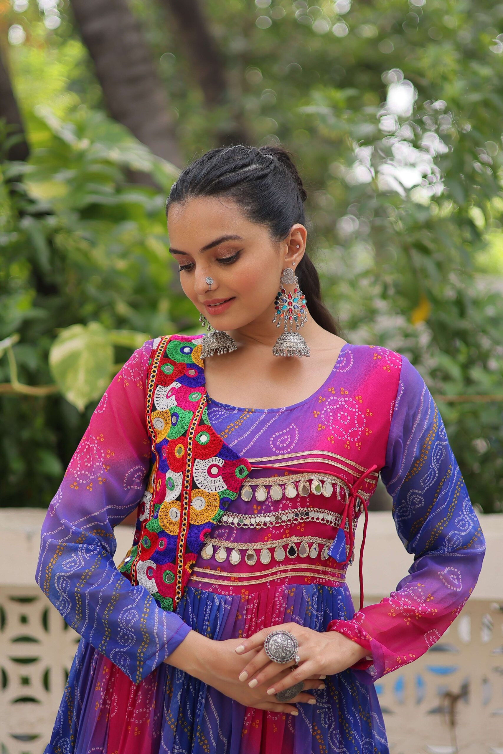 Purple Designer Laheriya & Bandhej Print Navratri Gown with Kutchi Patch Work in Faux Georgette ? Elegant Festive Wear for Women - Image 6