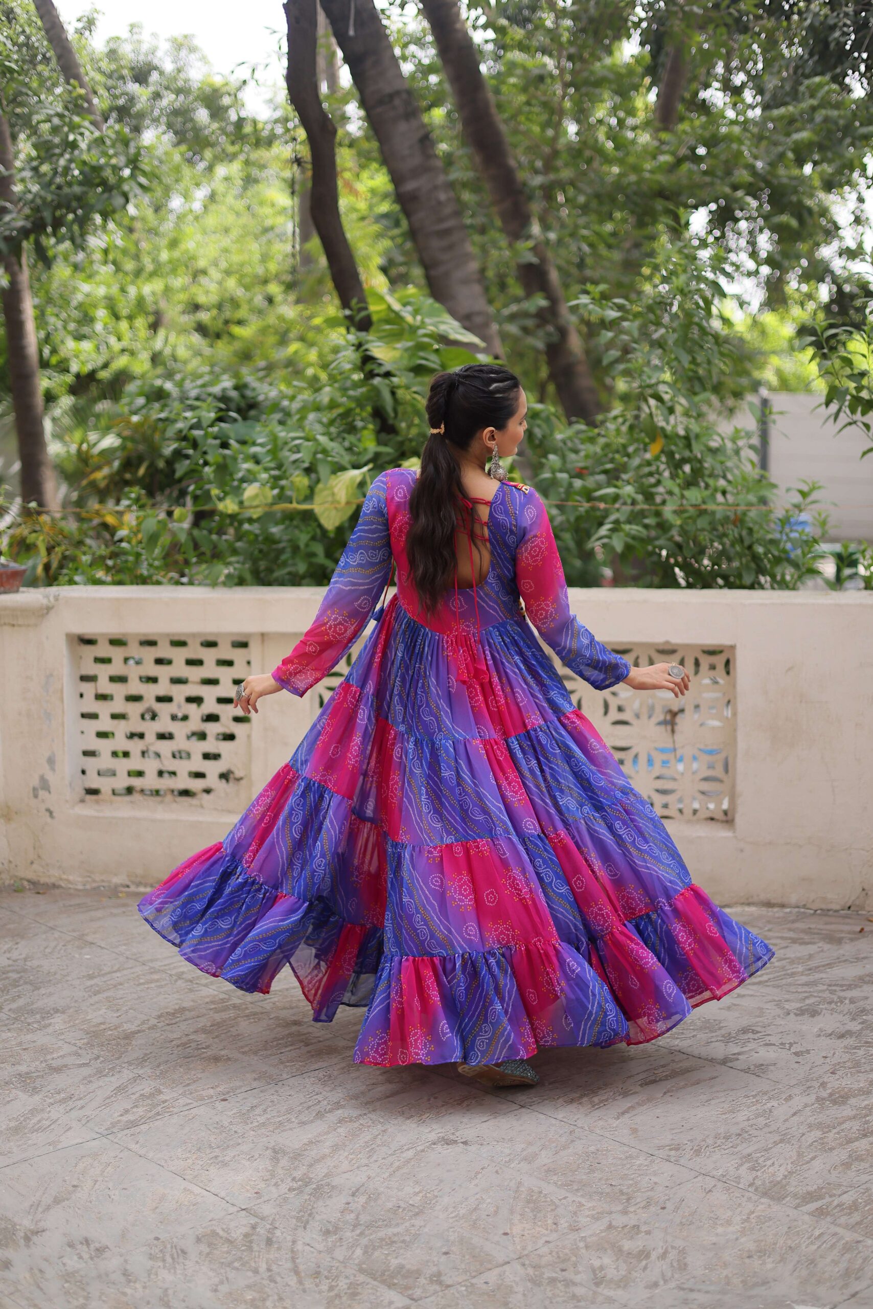 Purple Designer Laheriya & Bandhej Print Navratri Gown with Kutchi Patch Work in Faux Georgette ? Elegant Festive Wear for Women - Image 7