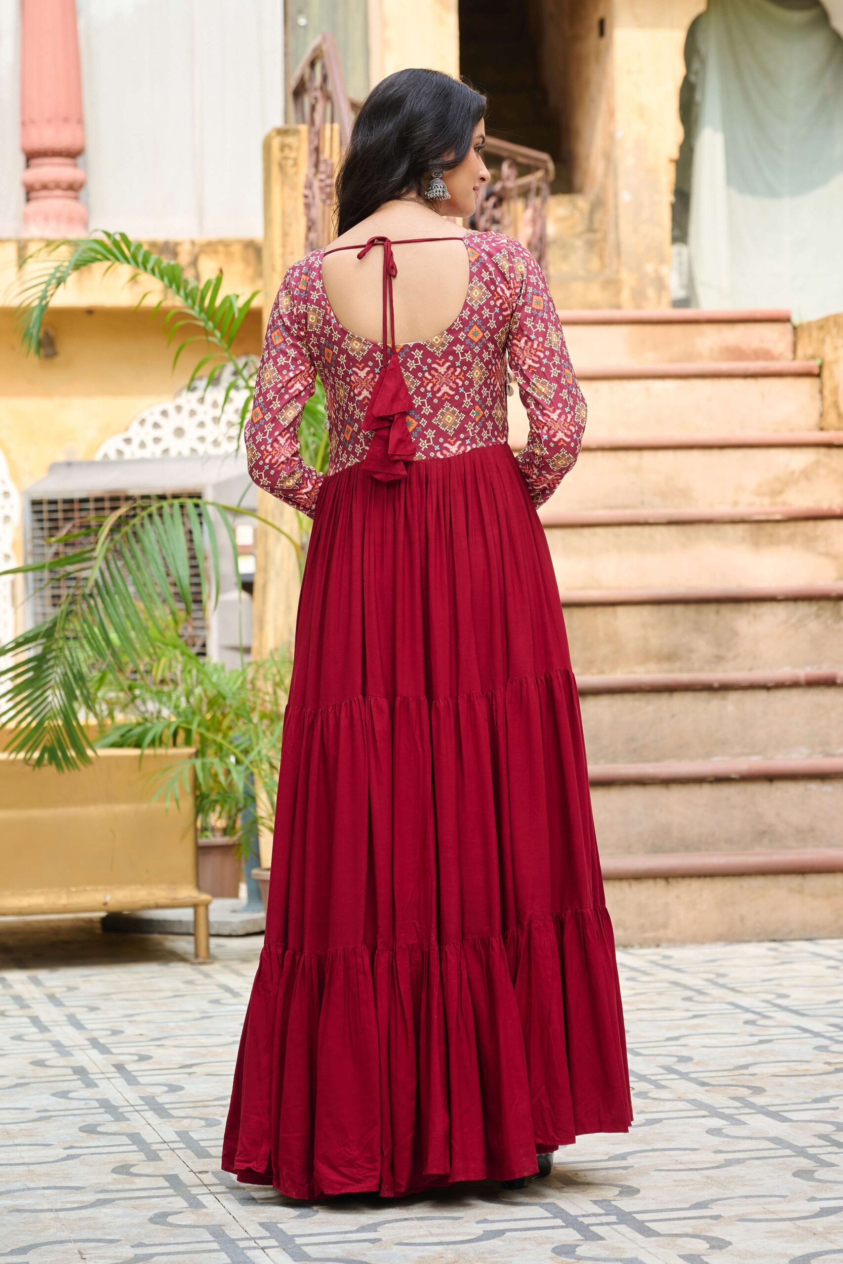 Maroon Navratri Special 14 Kg Reyon Designer Gown with Kutchi Gamthi & Cotton Print Work - Image 7