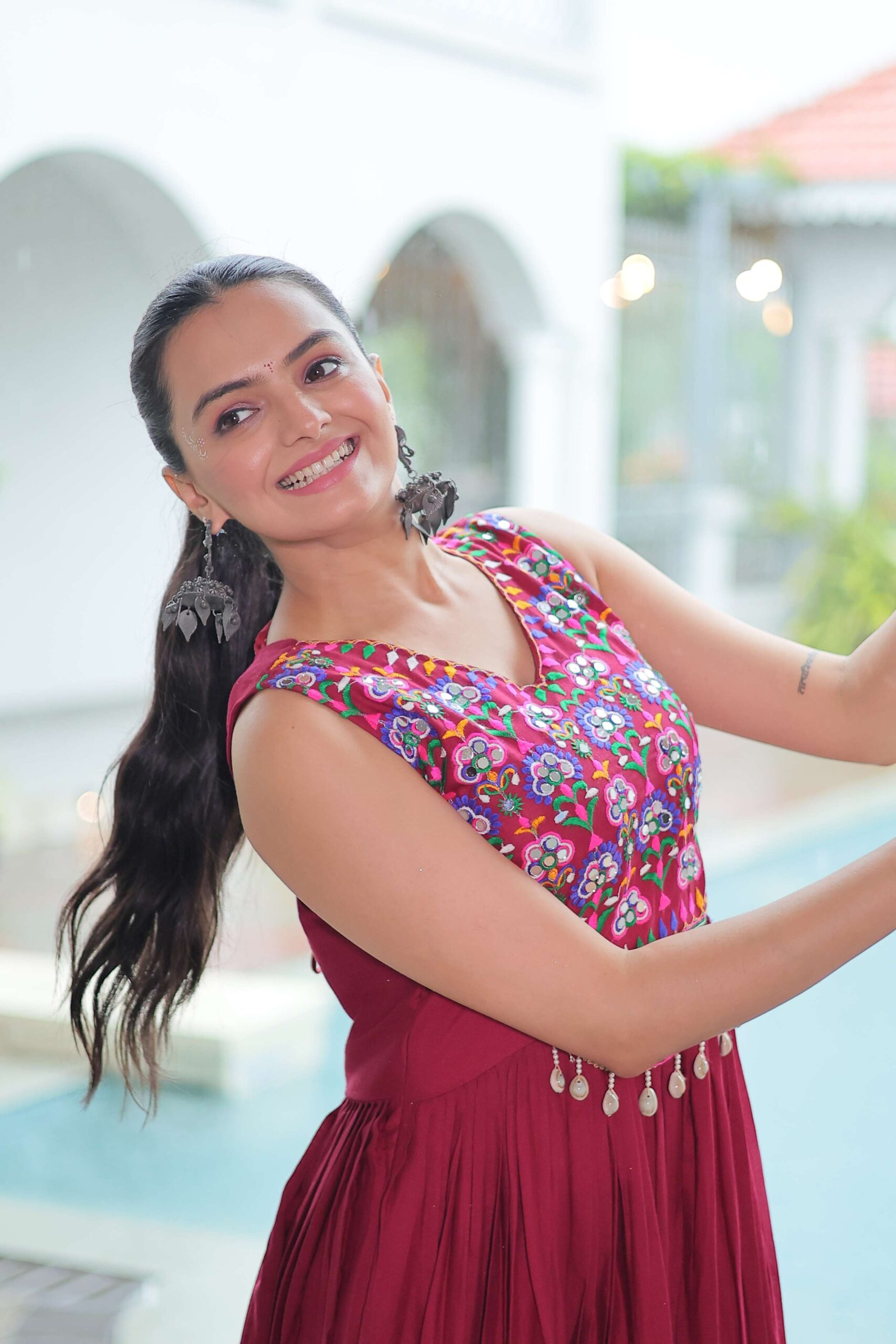Maroon Elegant Kutchi Embroidered Frill Gown ? Perfect for Navratri Celebrations