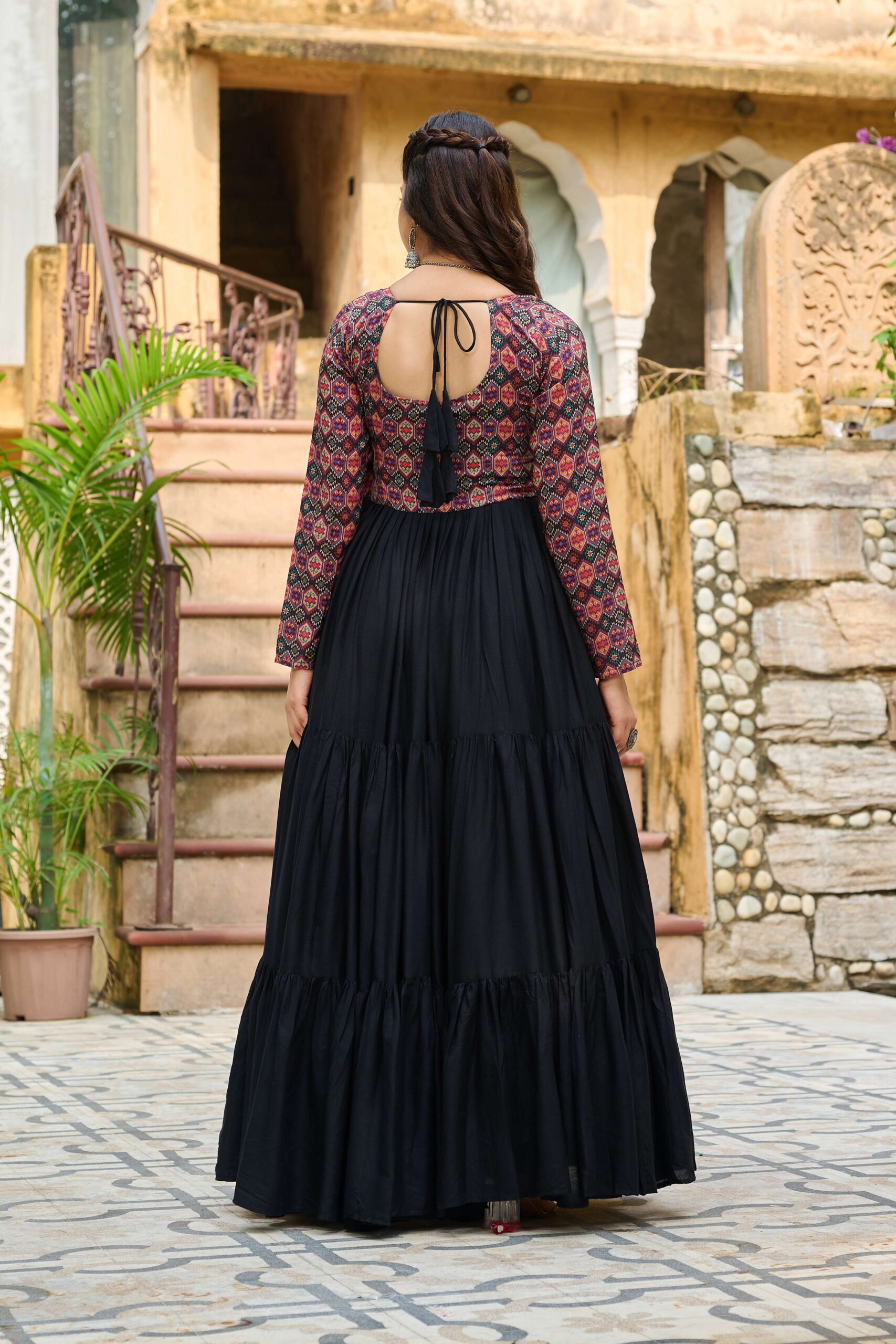 Black Navratri Special 14 Kg Reyon Designer Gown with Kutchi Gamthi & Cotton Print Work - Image 3