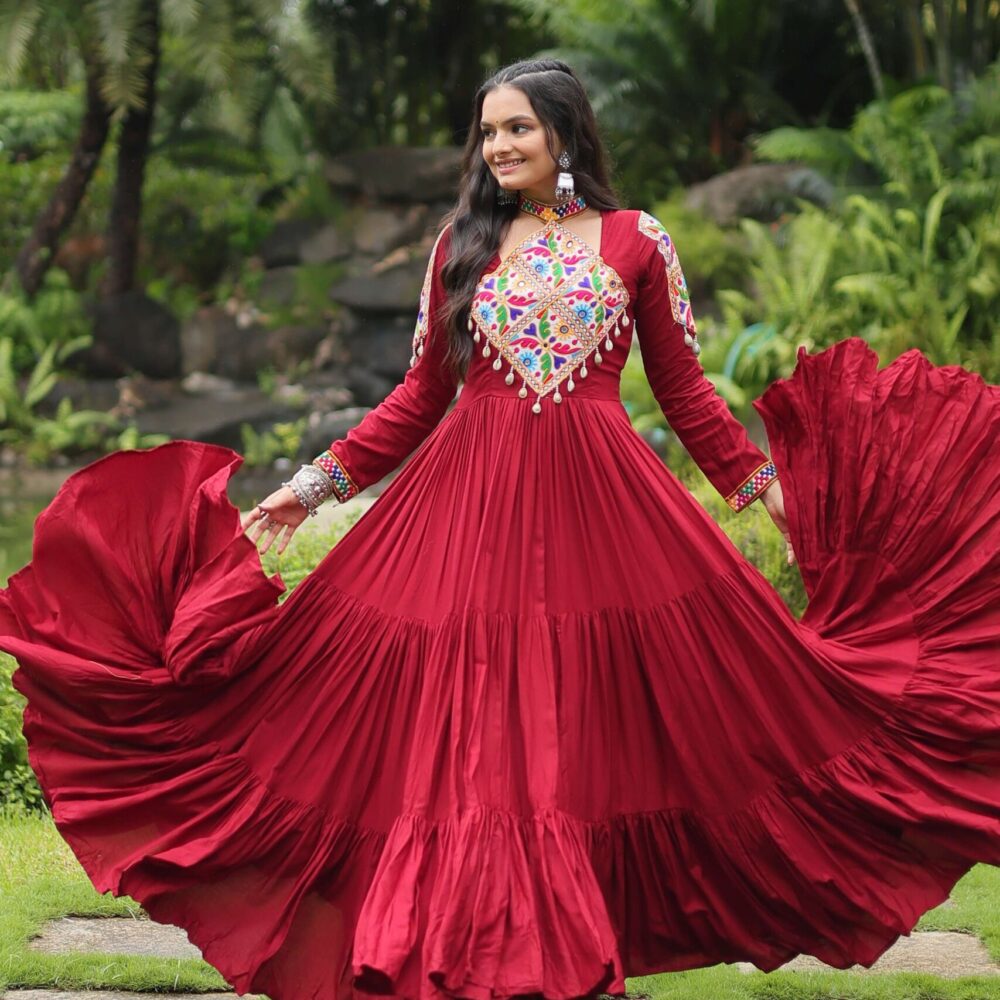 Maroon Reyon Partywear Gown with Kutchi Gamthi Work