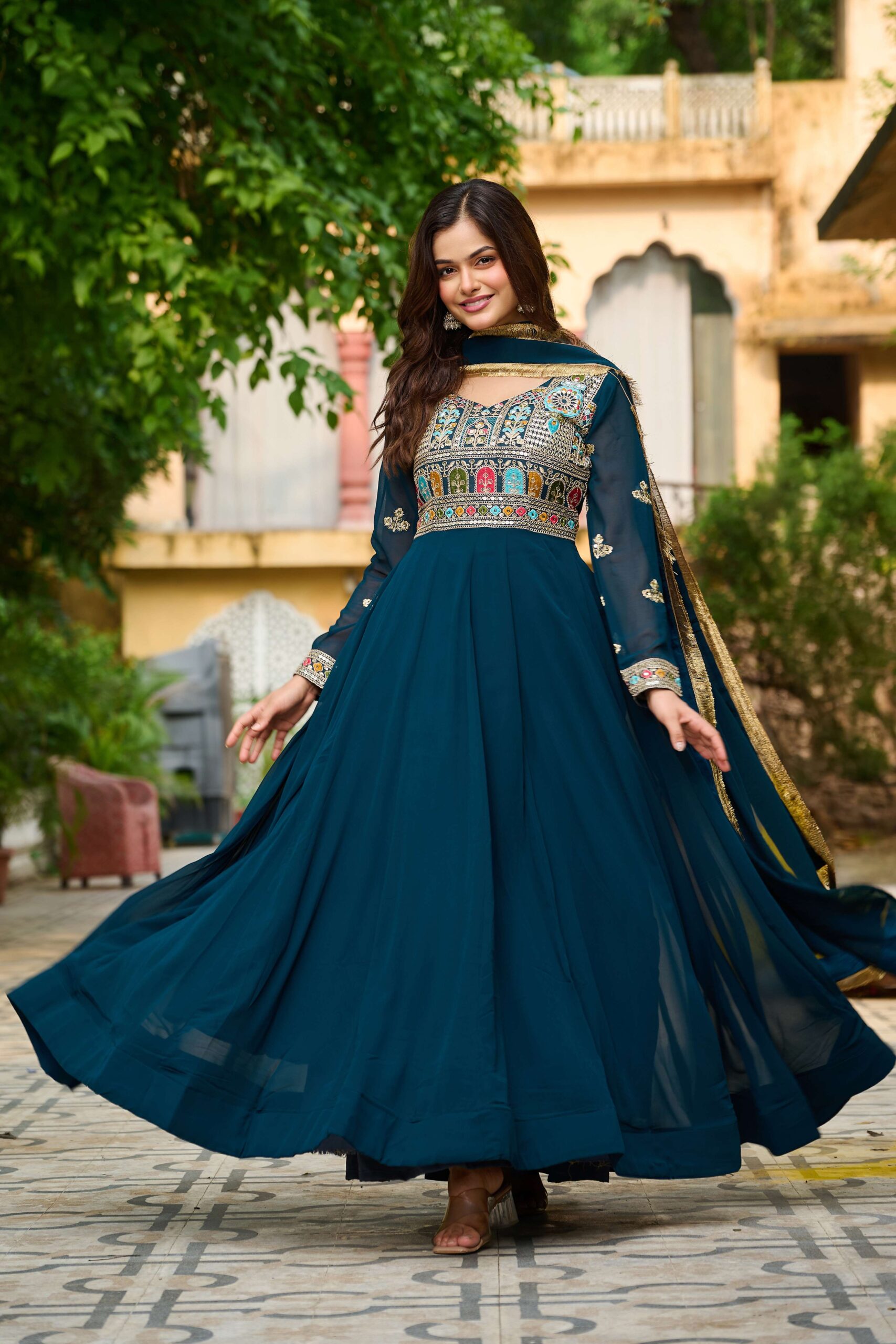 Rama Elegant Faux Blooming Designer Gown with Sequins & Multi-Thread Embroidery ? Ethnic Dupatta Set - Image 8