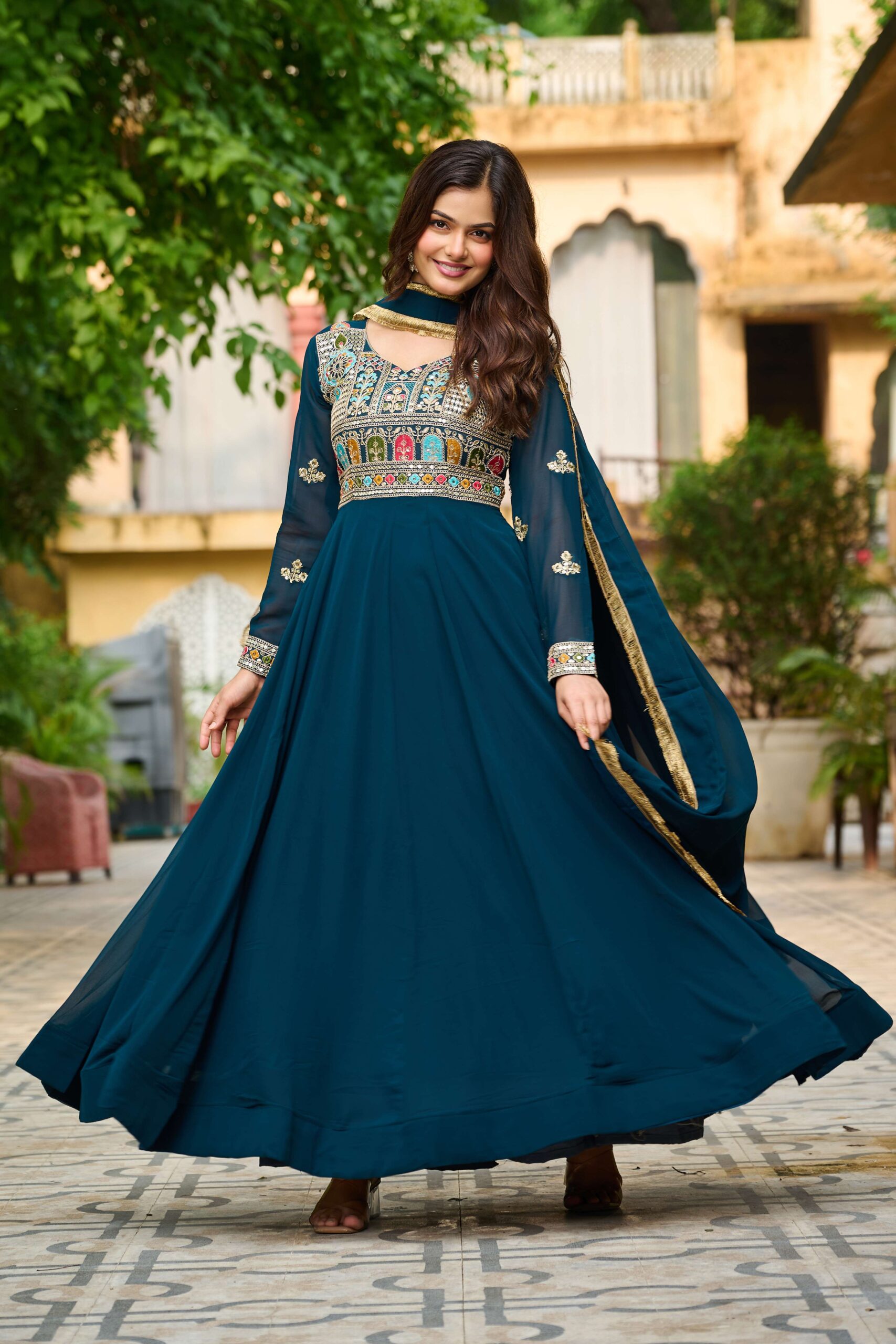 Rama Elegant Faux Blooming Designer Gown with Sequins & Multi-Thread Embroidery ? Ethnic Dupatta Set - Image 7