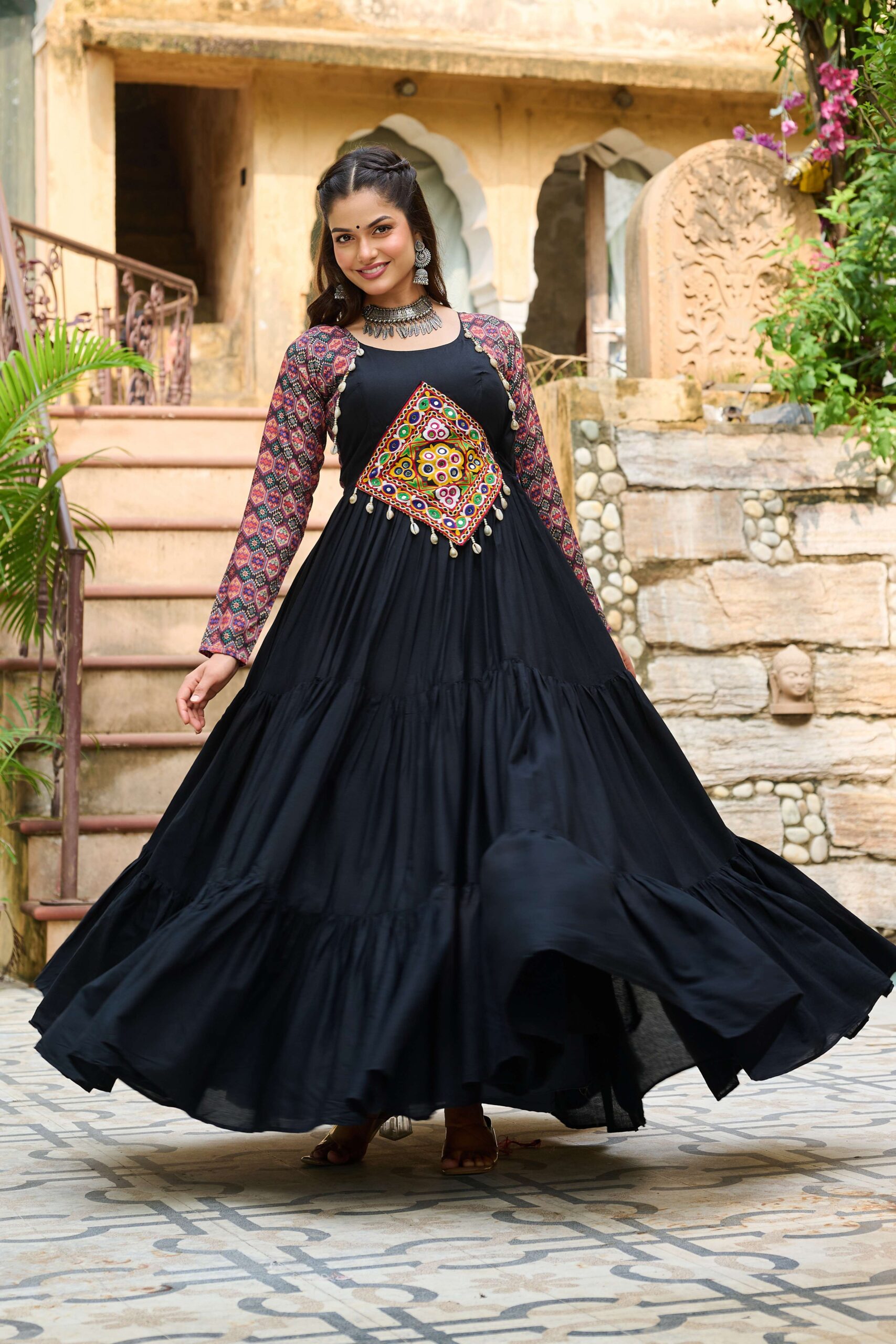 Black Navratri Special 14 Kg Reyon Designer Gown with Kutchi Gamthi & Cotton Print Work - Image 6
