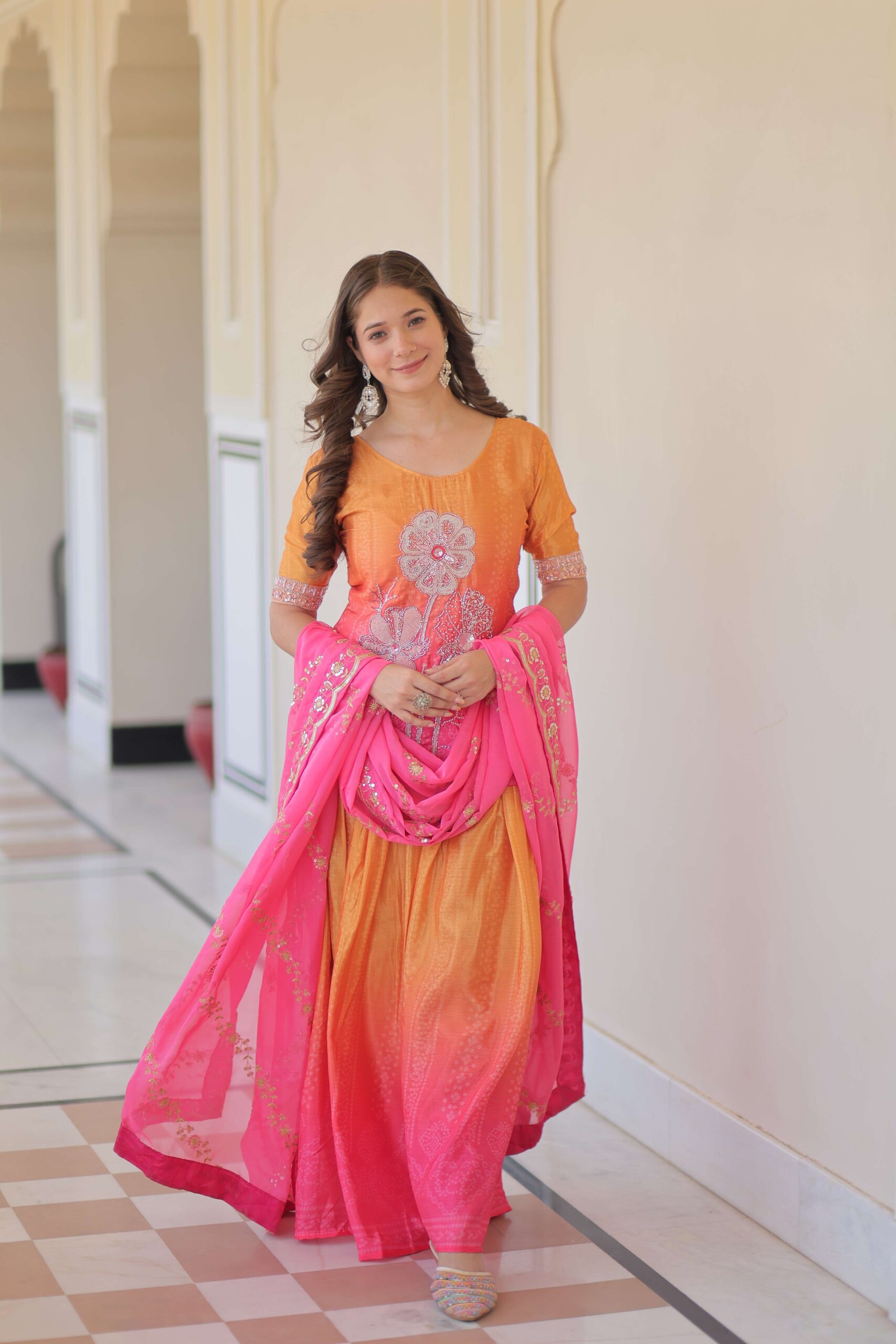 Pink Premium Designer Chinnon Print Top-Sharara-Dupatta Set with Bead & Zari Work ? Elegant Ethnic Wear for Women - Image 2