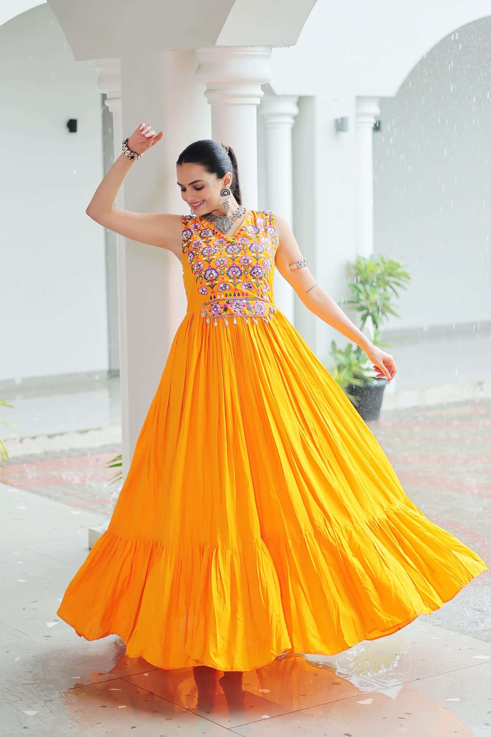 Yellow Elegant Kutchi Embroidered Frill Gown ? Perfect for Navratri Celebrations - Image 5