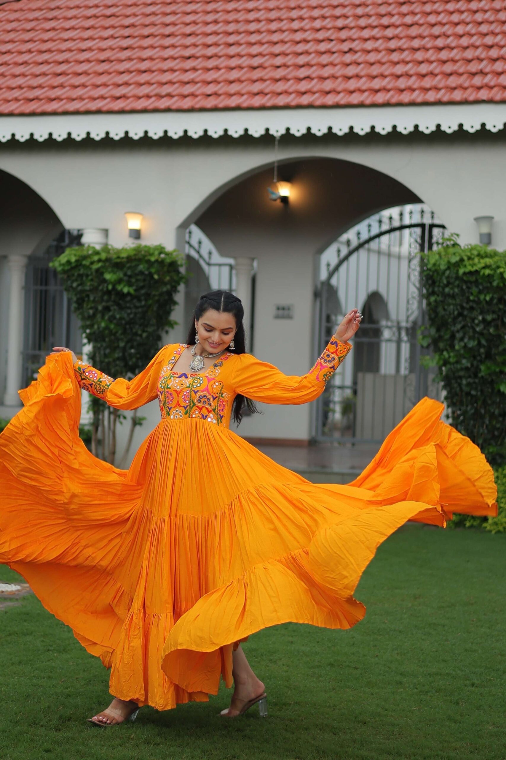 Yellow Navratri Special 14 Kg Reyon Designer Gown with Kutchi Gamthi Work ? Flared Ethnic Wear for Women - Image 7