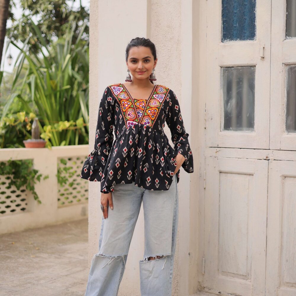 Black Cotton Printed Navratri Top with Kutchi Patch Work & Patterned Neck ? Ethnic Festive Wear for Women