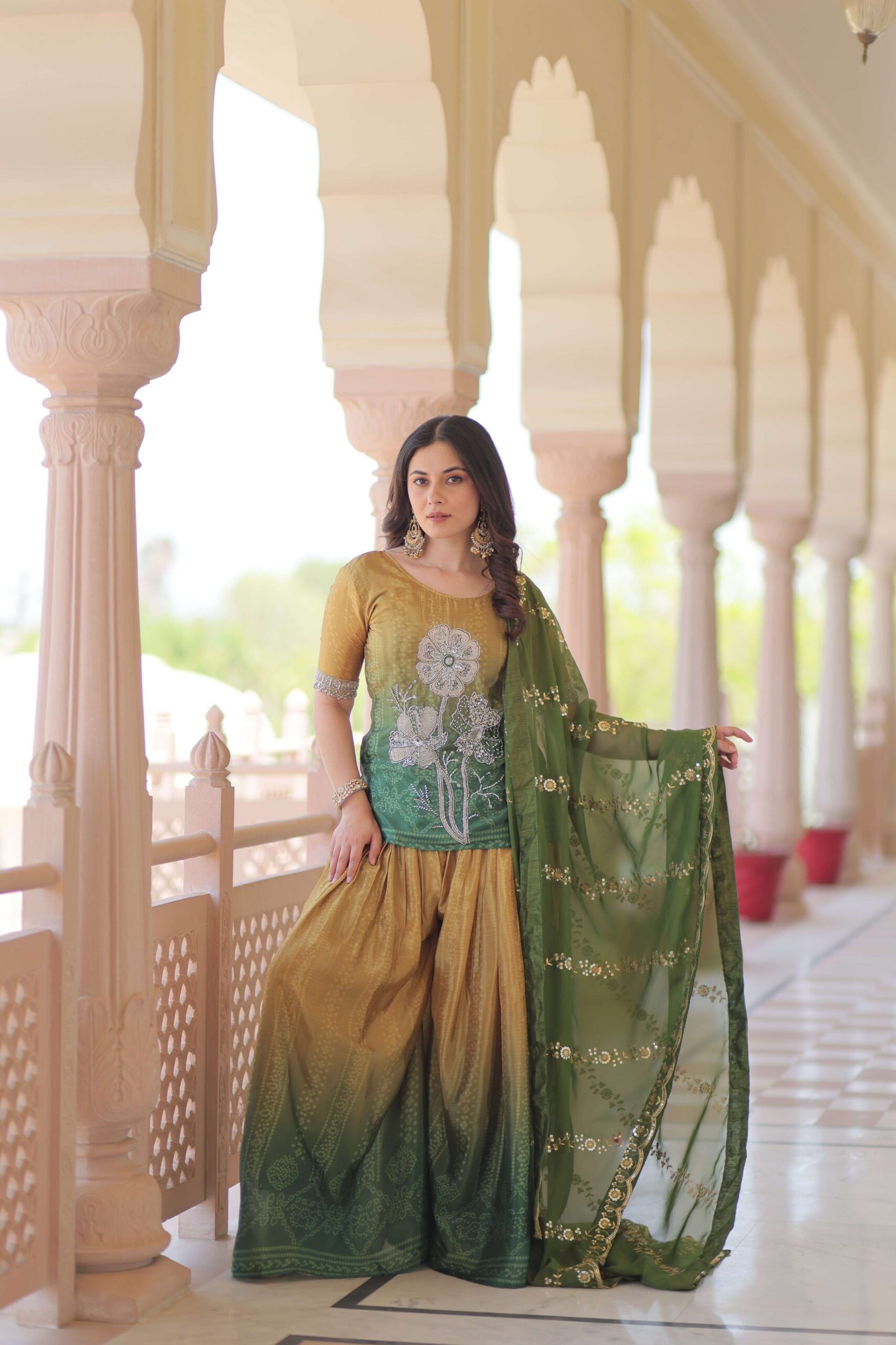 Green Premium Designer Chinnon Print Top-Sharara-Dupatta Set with Bead & Zari Work ? Elegant Ethnic Wear for Women - Image 5