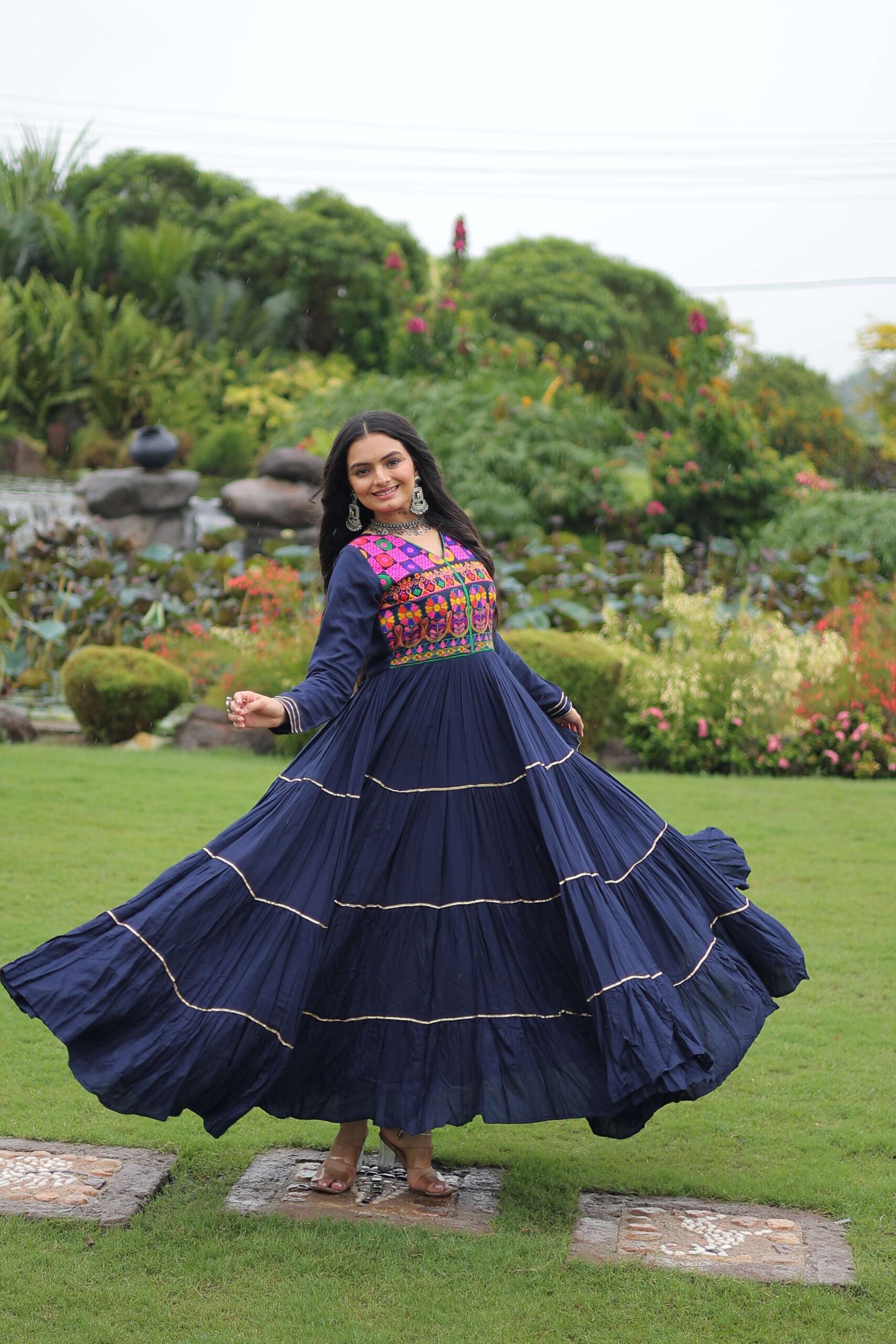 Navy-Blue Premium Navratri Gown with Kutchi Gamthi Embroidery, Mirror Work & Frill Detailing ? Elegant Ethnic Wear for Women - Image 4