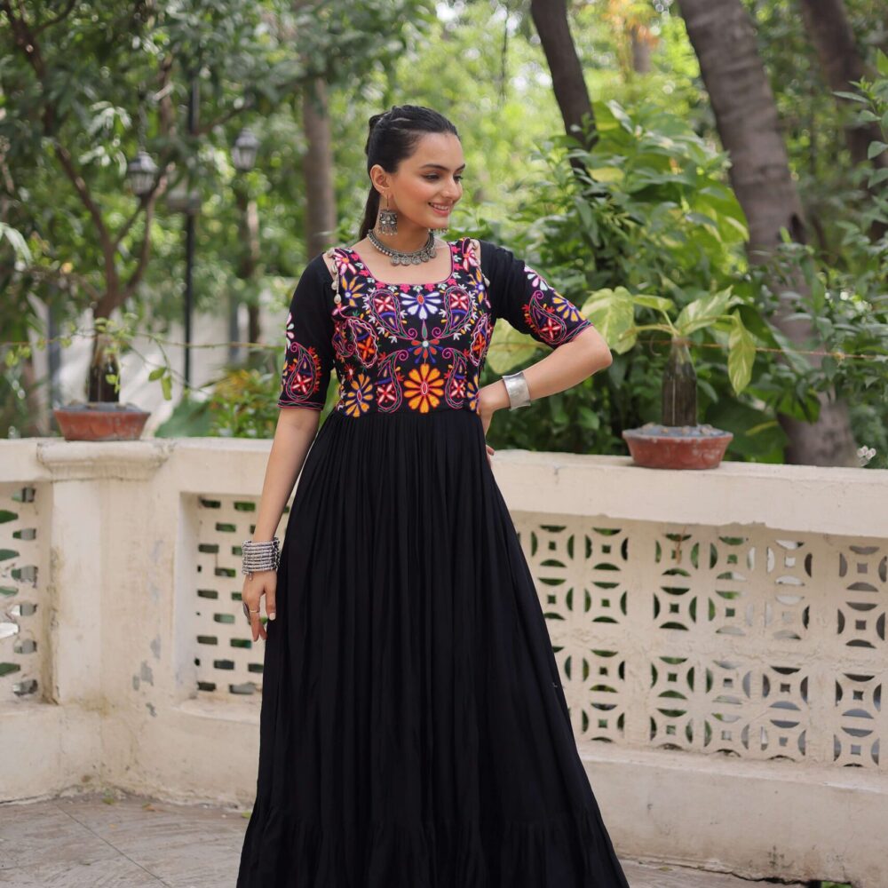 Black Reyon Navratri Gown with Kutchi Gamthi Embroidery & Gathering Frill ? Elegant Ethnic Wear for Women