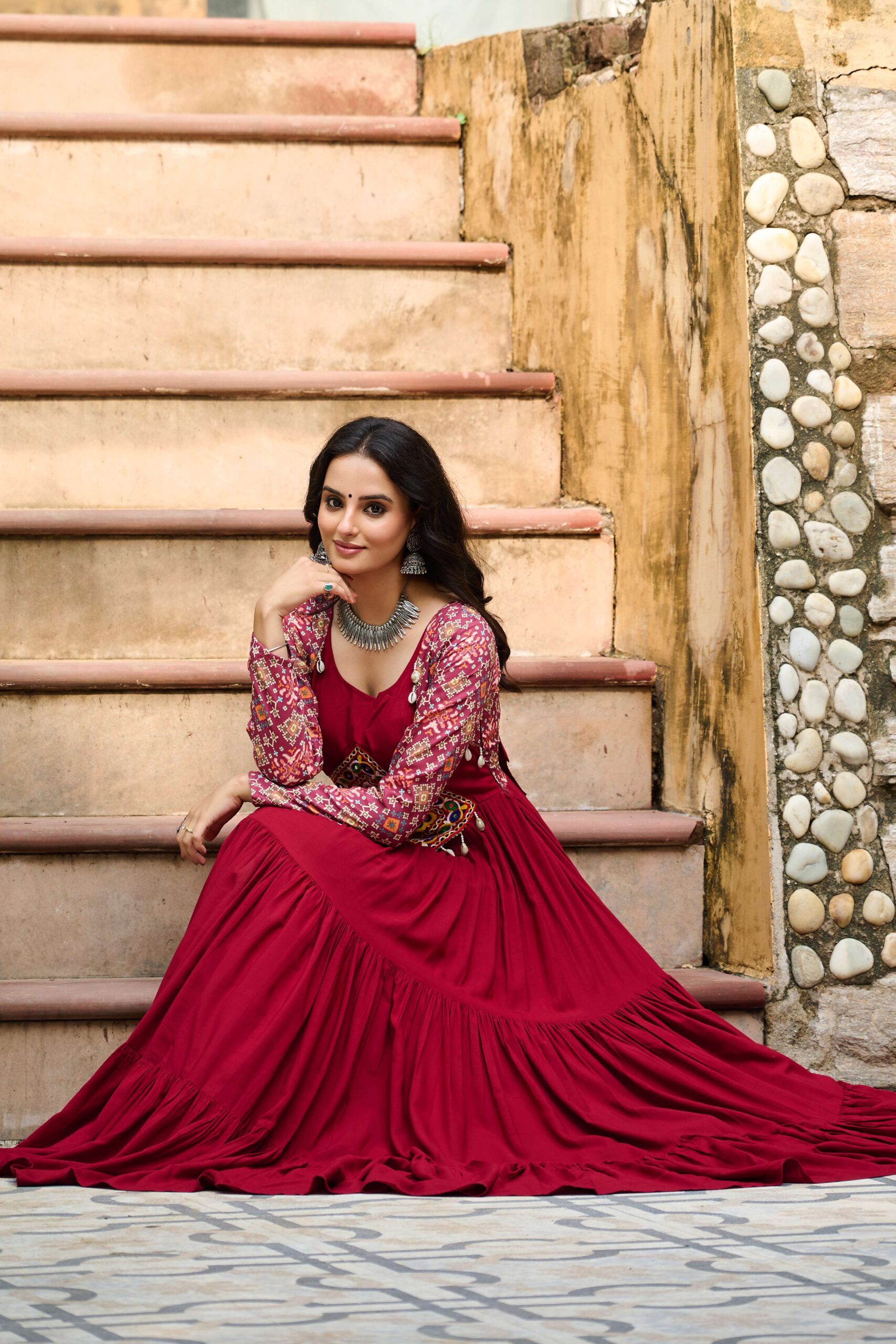 Maroon Navratri Special 14 Kg Reyon Designer Gown with Kutchi Gamthi & Cotton Print Work - Image 4