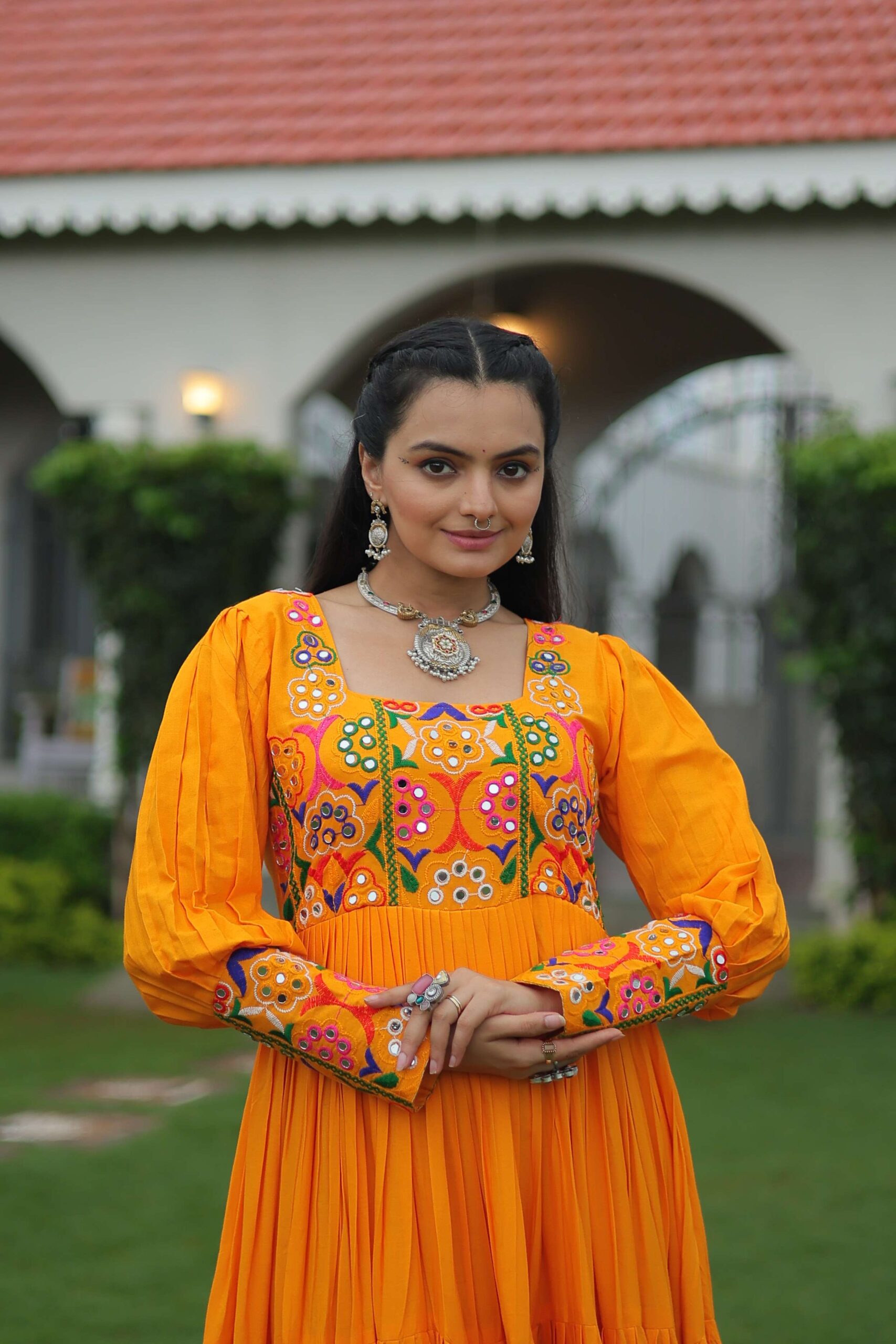 Yellow Navratri Special 14 Kg Reyon Designer Gown with Kutchi Gamthi Work ? Flared Ethnic Wear for Women - Image 3