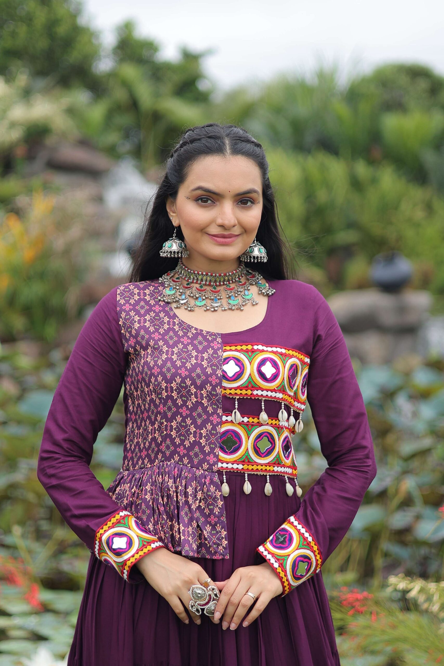 Wine Navratri Special Gown with Elegant Kutchi Embroidery