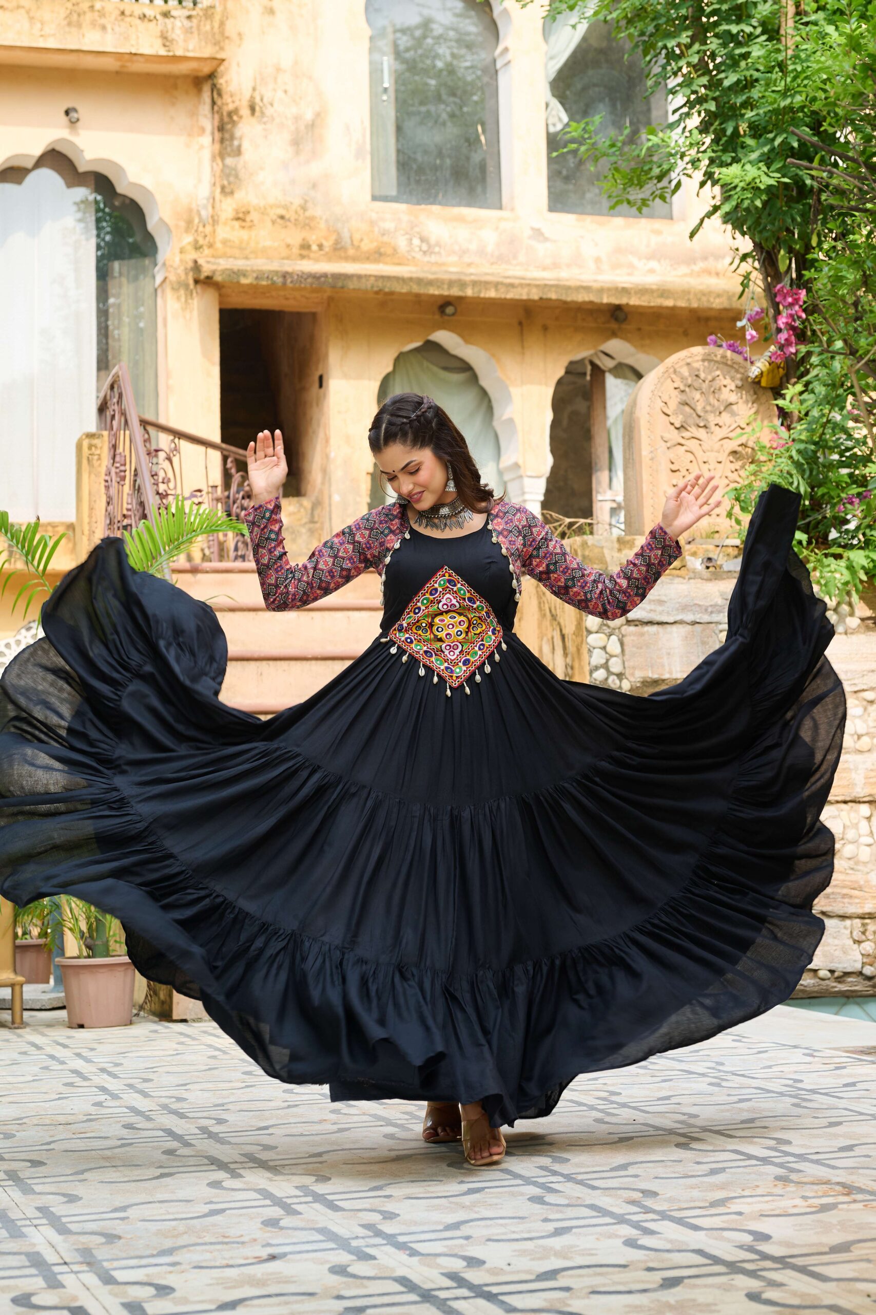 Black Navratri Special 14 Kg Reyon Designer Gown with Kutchi Gamthi & Cotton Print Work - Image 8