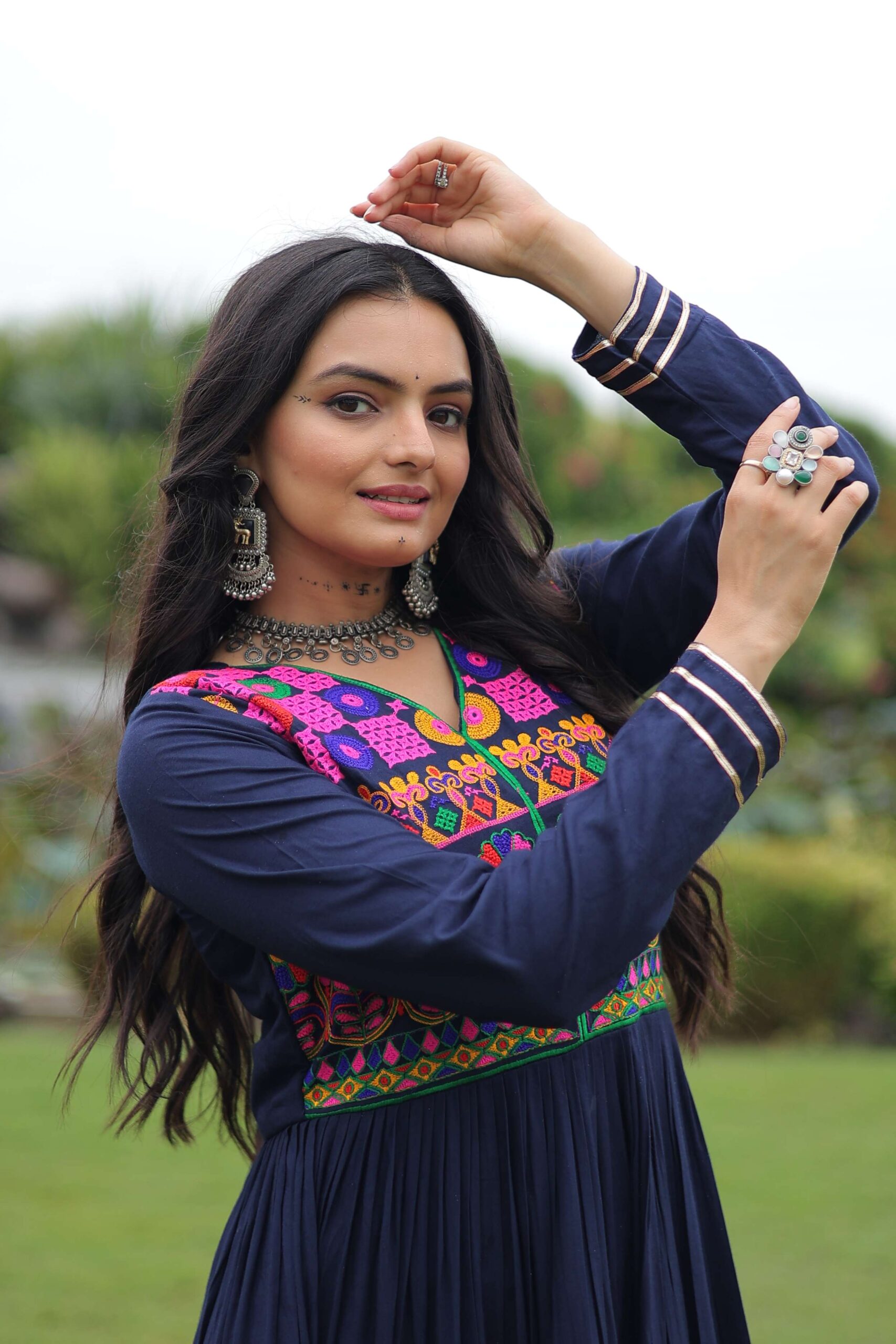 Navy-Blue Premium Navratri Gown with Kutchi Gamthi Embroidery, Mirror Work & Frill Detailing ? Elegant Ethnic Wear for Women - Image 6