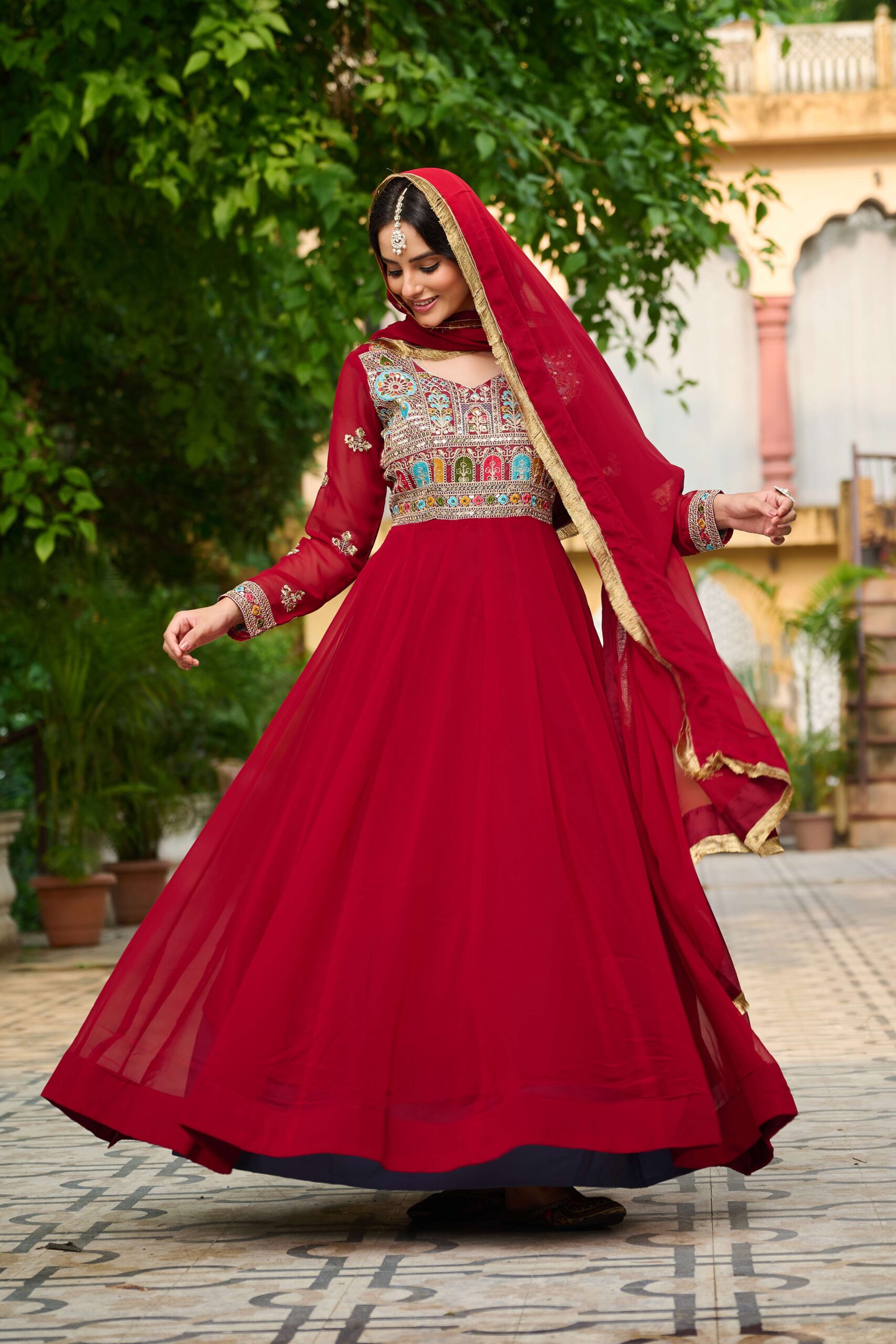 Maroon Elegant Faux Blooming Designer Gown with Sequins & Multi-Thread Embroidery ? Ethnic Dupatta Set - Image 6