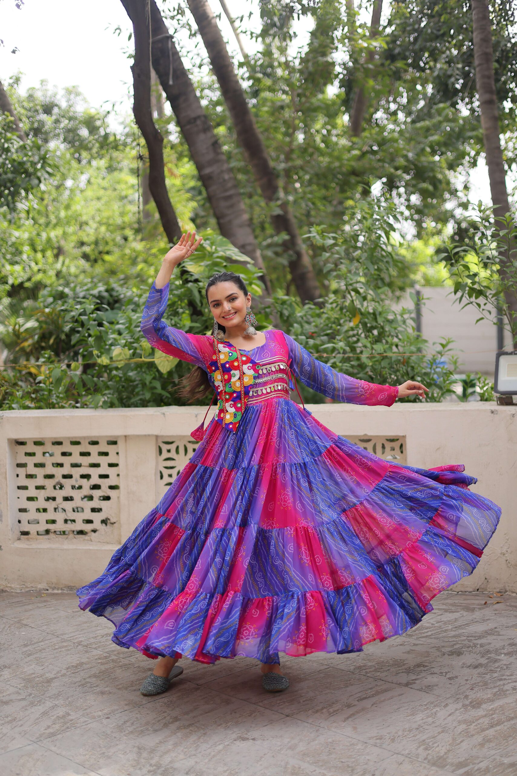 Purple Designer Laheriya & Bandhej Print Navratri Gown with Kutchi Patch Work in Faux Georgette ? Elegant Festive Wear for Women - Image 5