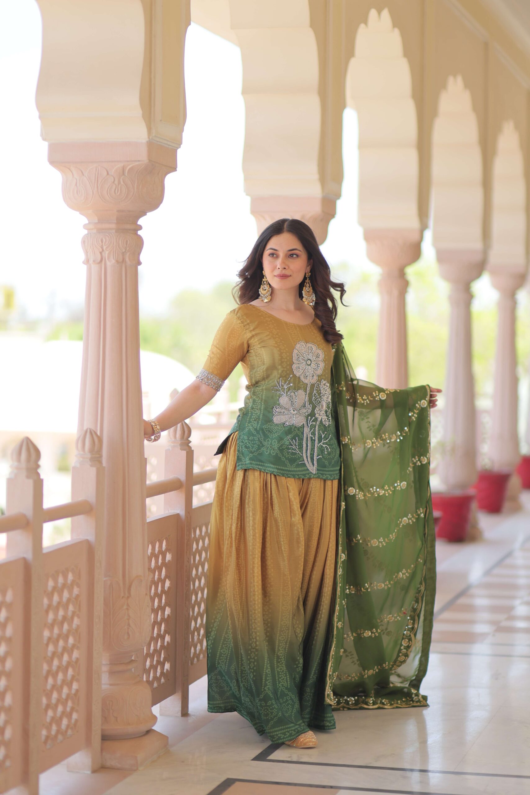 Green Premium Designer Chinnon Print Top-Sharara-Dupatta Set with Bead & Zari Work ? Elegant Ethnic Wear for Women - Image 4