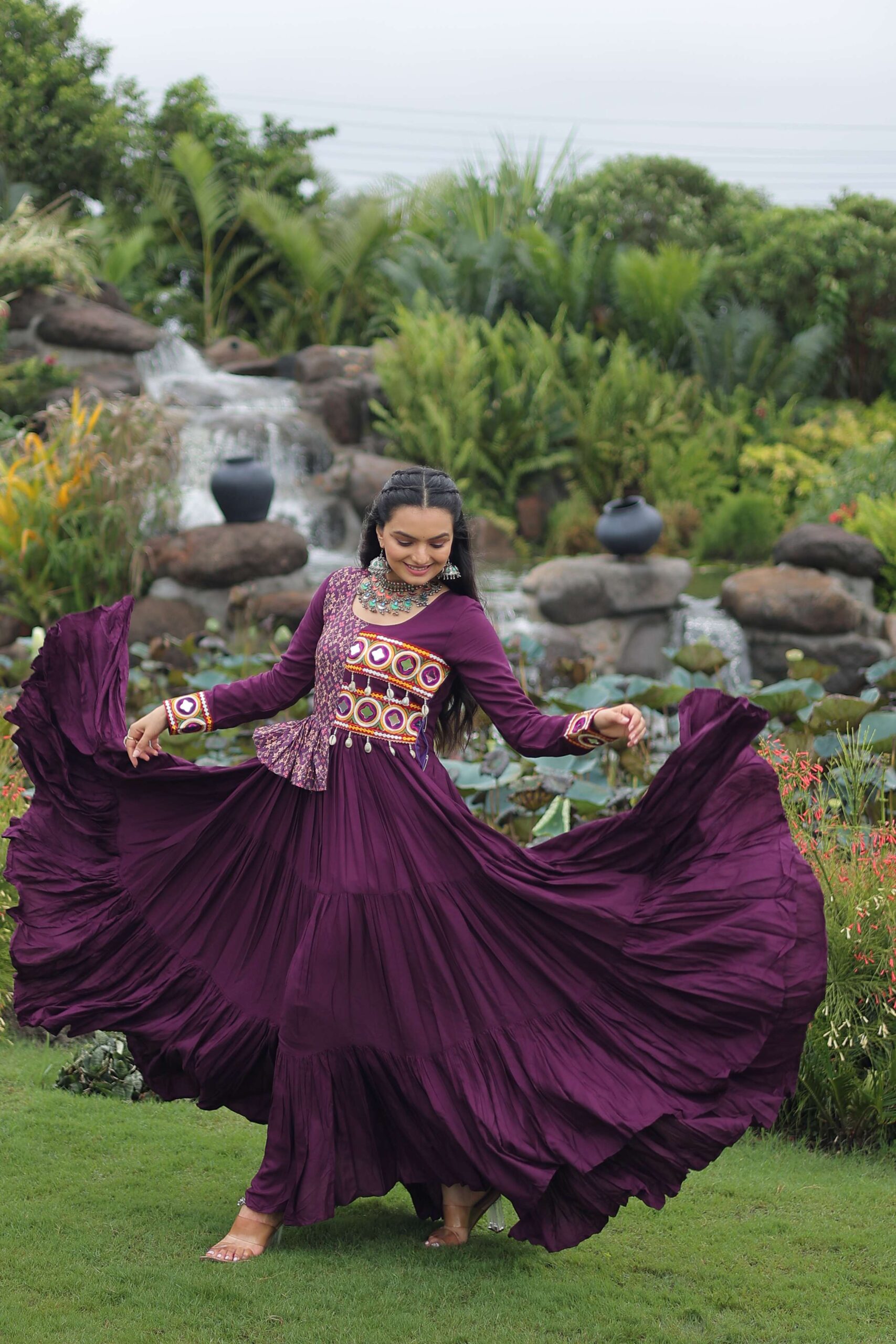 Wine Navratri Special Gown with Elegant Kutchi Embroidery - Image 7