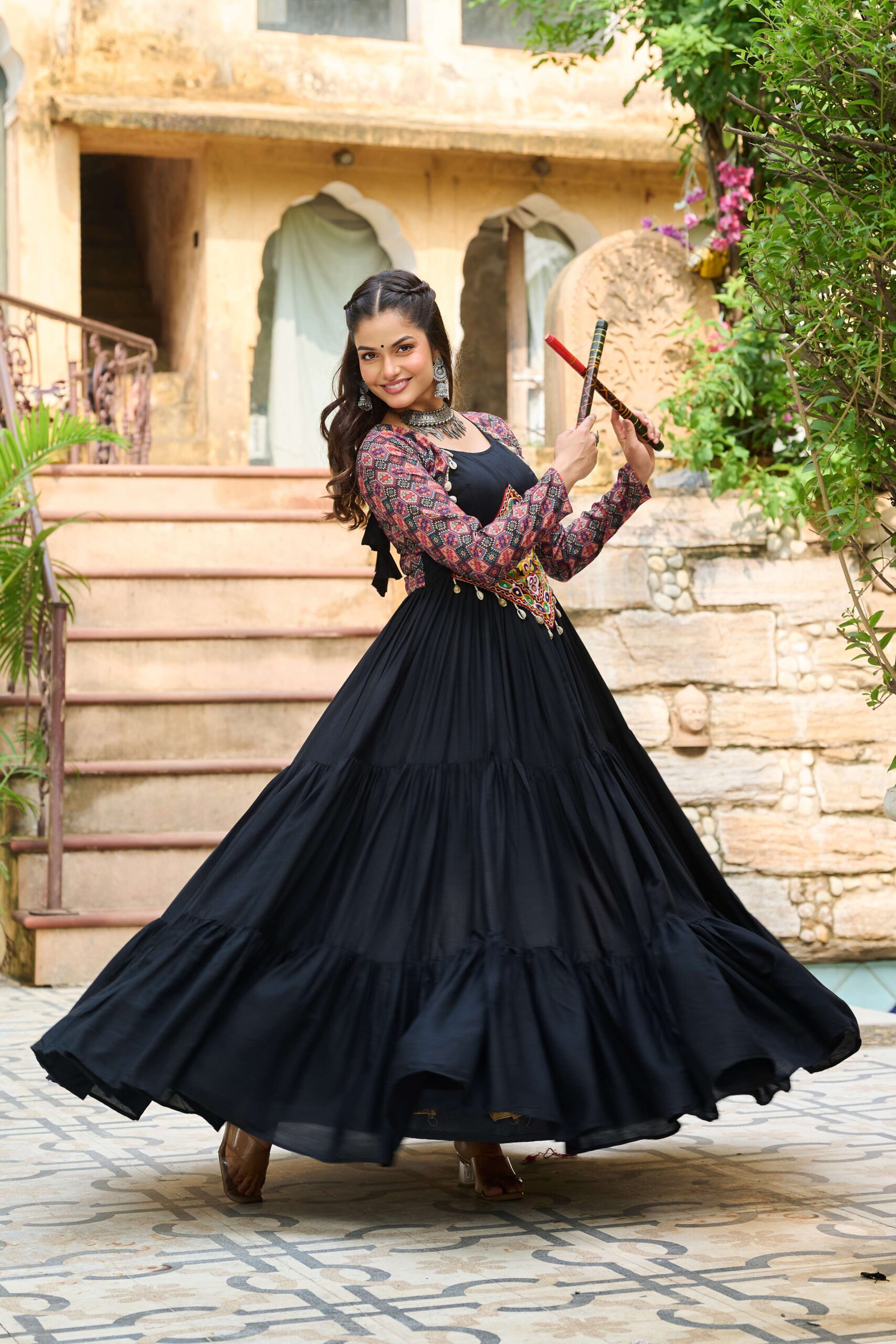 Black Navratri Special 14 Kg Reyon Designer Gown with Kutchi Gamthi & Cotton Print Work - Image 2