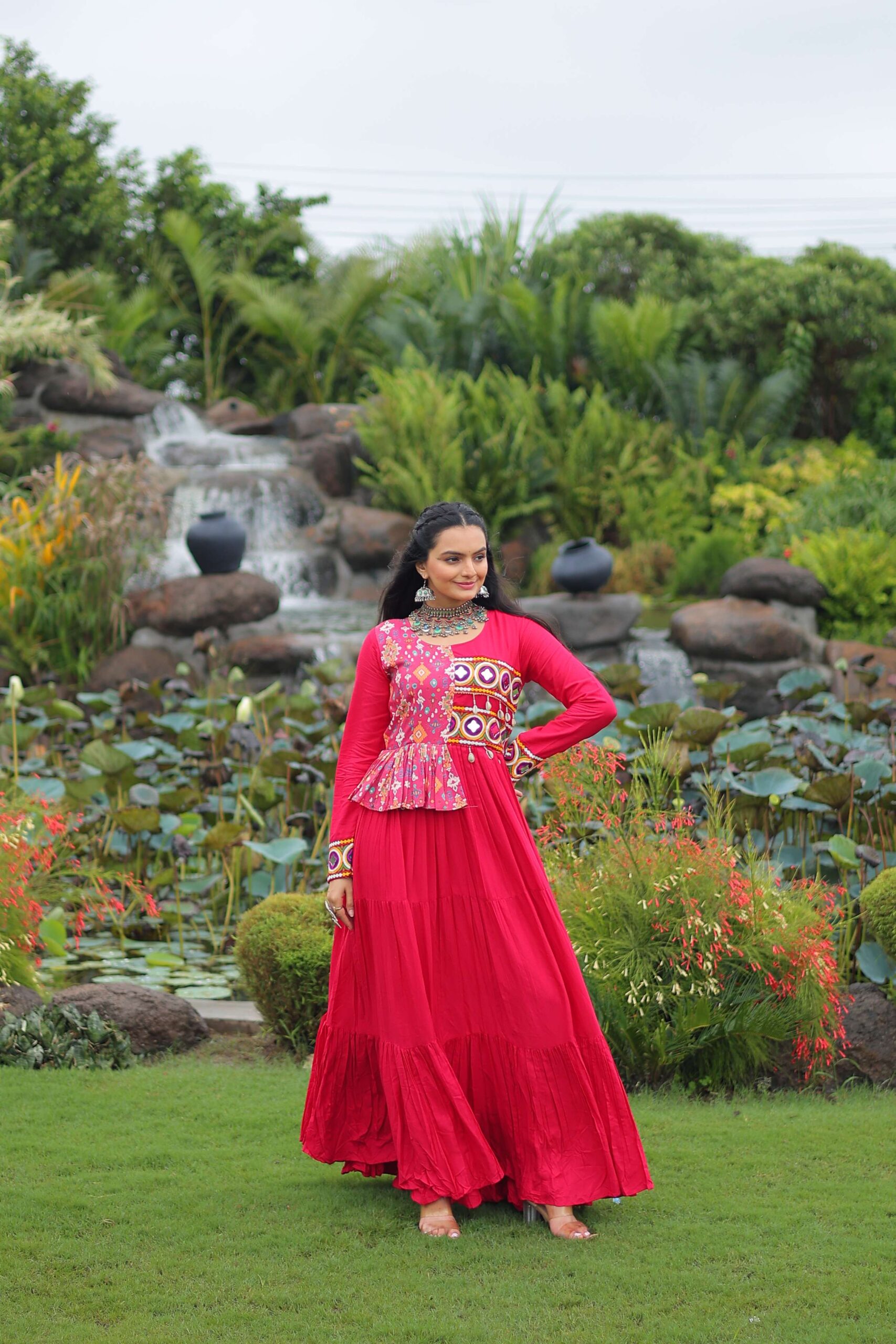 Pink Navratri Special Gown with Elegant Kutchi Embroidery - Image 2