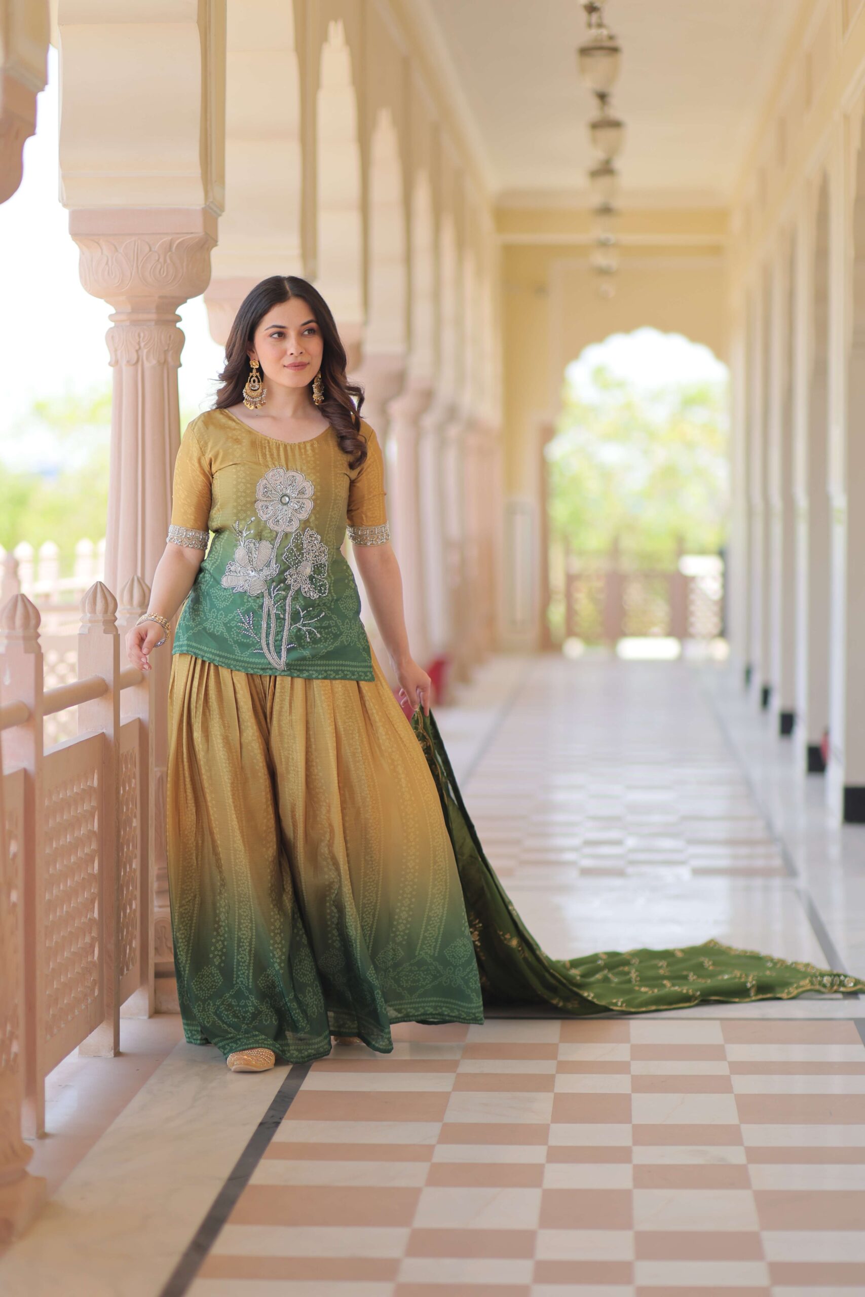 Green Premium Designer Chinnon Print Top-Sharara-Dupatta Set with Bead & Zari Work ? Elegant Ethnic Wear for Women - Image 8