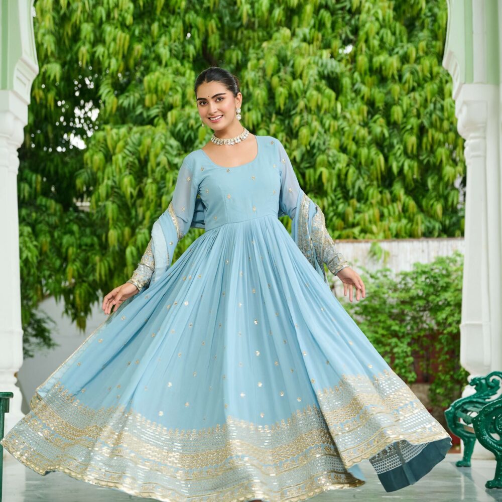 SKY Designer Faux Georgette Gown with Dupatta ? Embroidered & Sequins Work Ethnic Set for Women