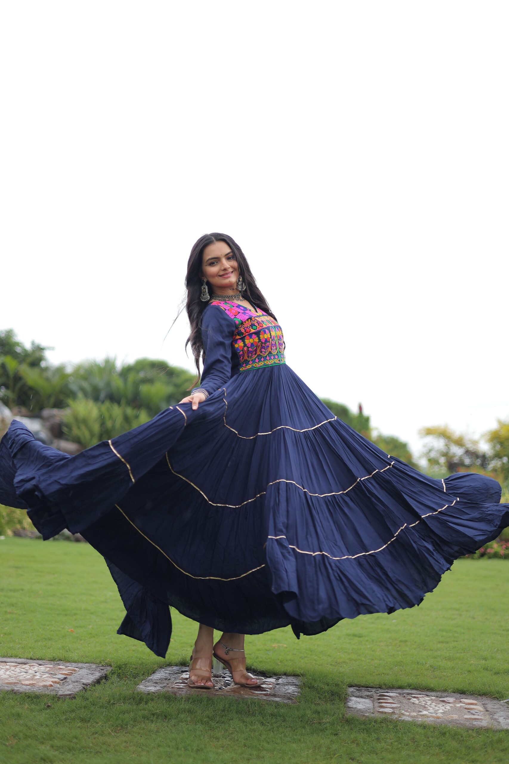Navy-Blue Premium Navratri Gown with Kutchi Gamthi Embroidery, Mirror Work & Frill Detailing ? Elegant Ethnic Wear for Women - Image 7