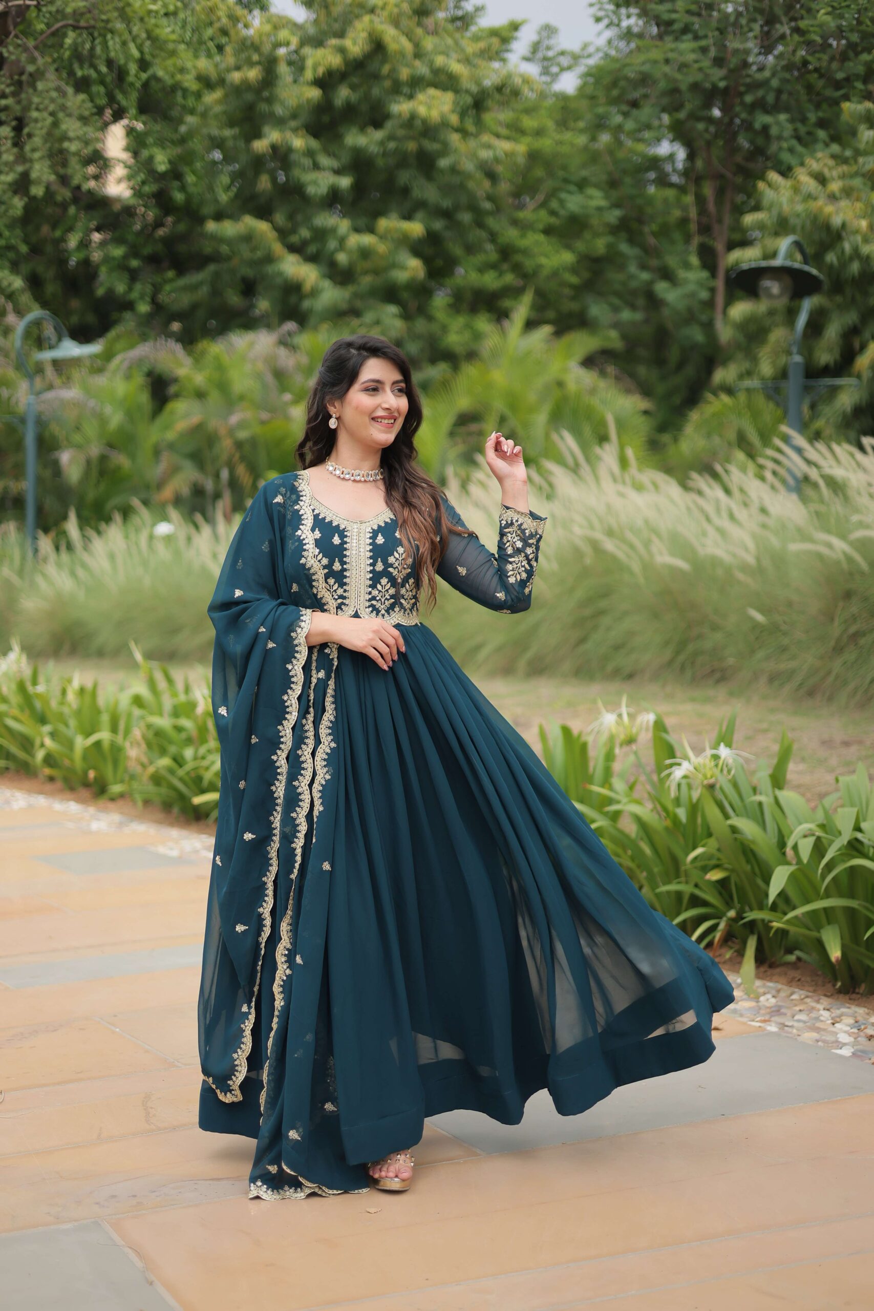 Teal-Blue Elegant Kutchi Gamthi Work Reyon Gown with Heavy Flair - Image 6