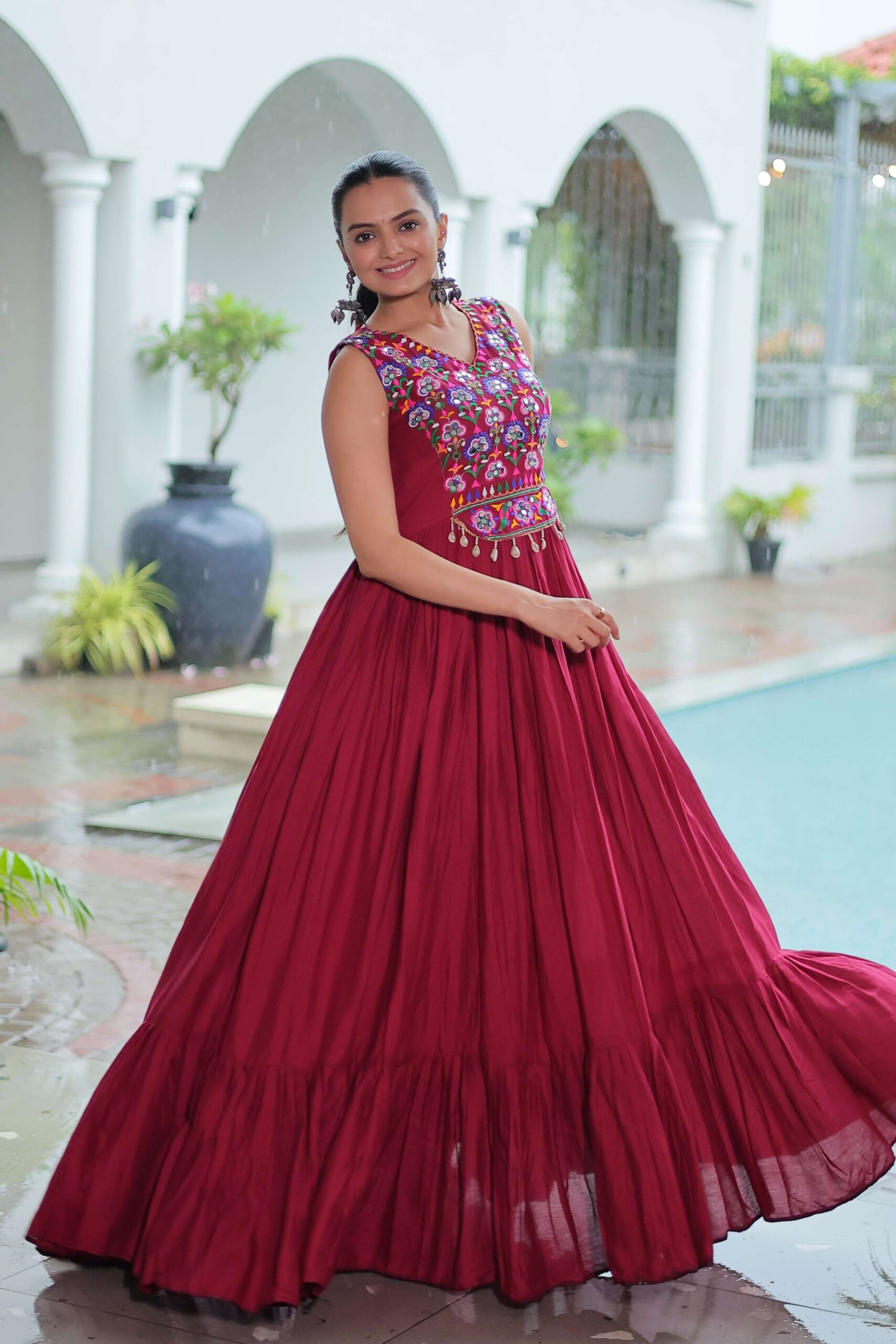 Maroon Elegant Kutchi Embroidered Frill Gown ? Perfect for Navratri Celebrations - Image 5