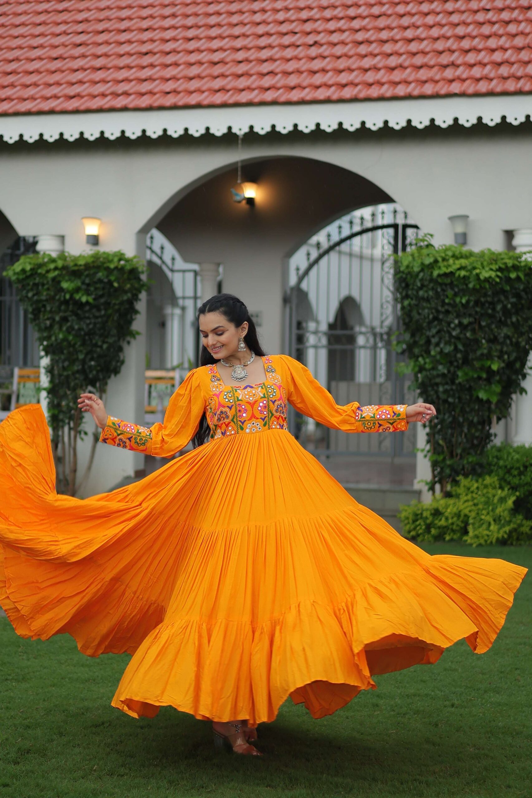 Yellow Navratri Special 14 Kg Reyon Designer Gown with Kutchi Gamthi Work ? Flared Ethnic Wear for Women - Image 6