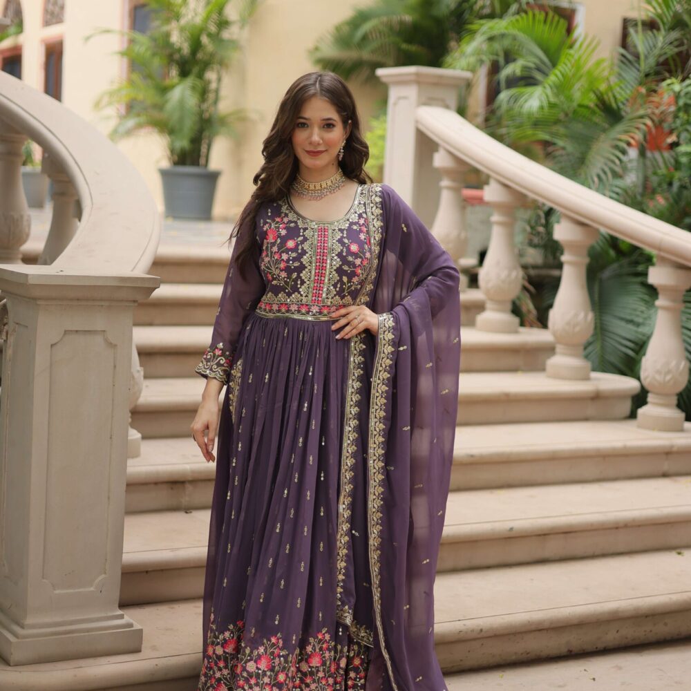 Onion Faux Georgette Sequins Embroidered Kurti with Sharara & Dupatta Set