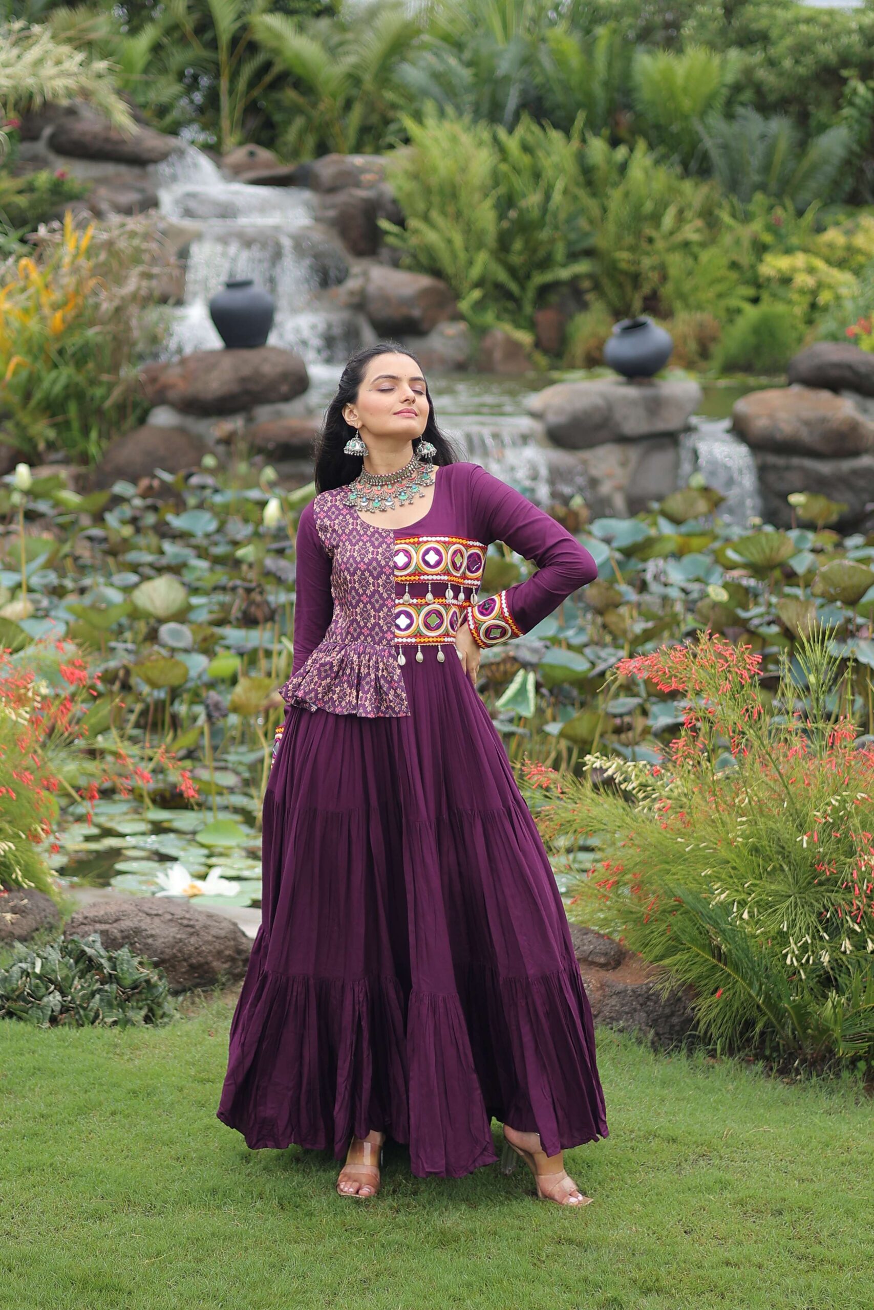 Wine Navratri Special Gown with Elegant Kutchi Embroidery - Image 3