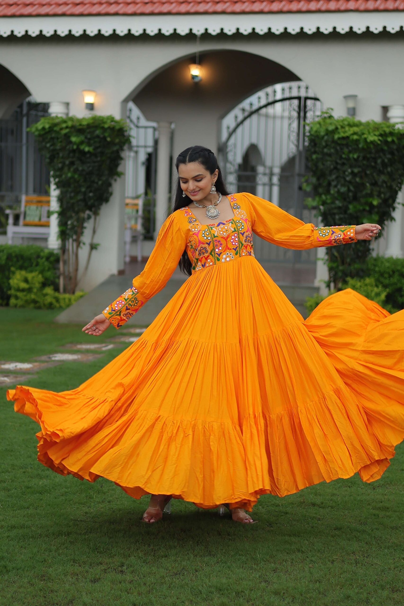 Yellow Navratri Special 14 Kg Reyon Designer Gown with Kutchi Gamthi Work ? Flared Ethnic Wear for Women