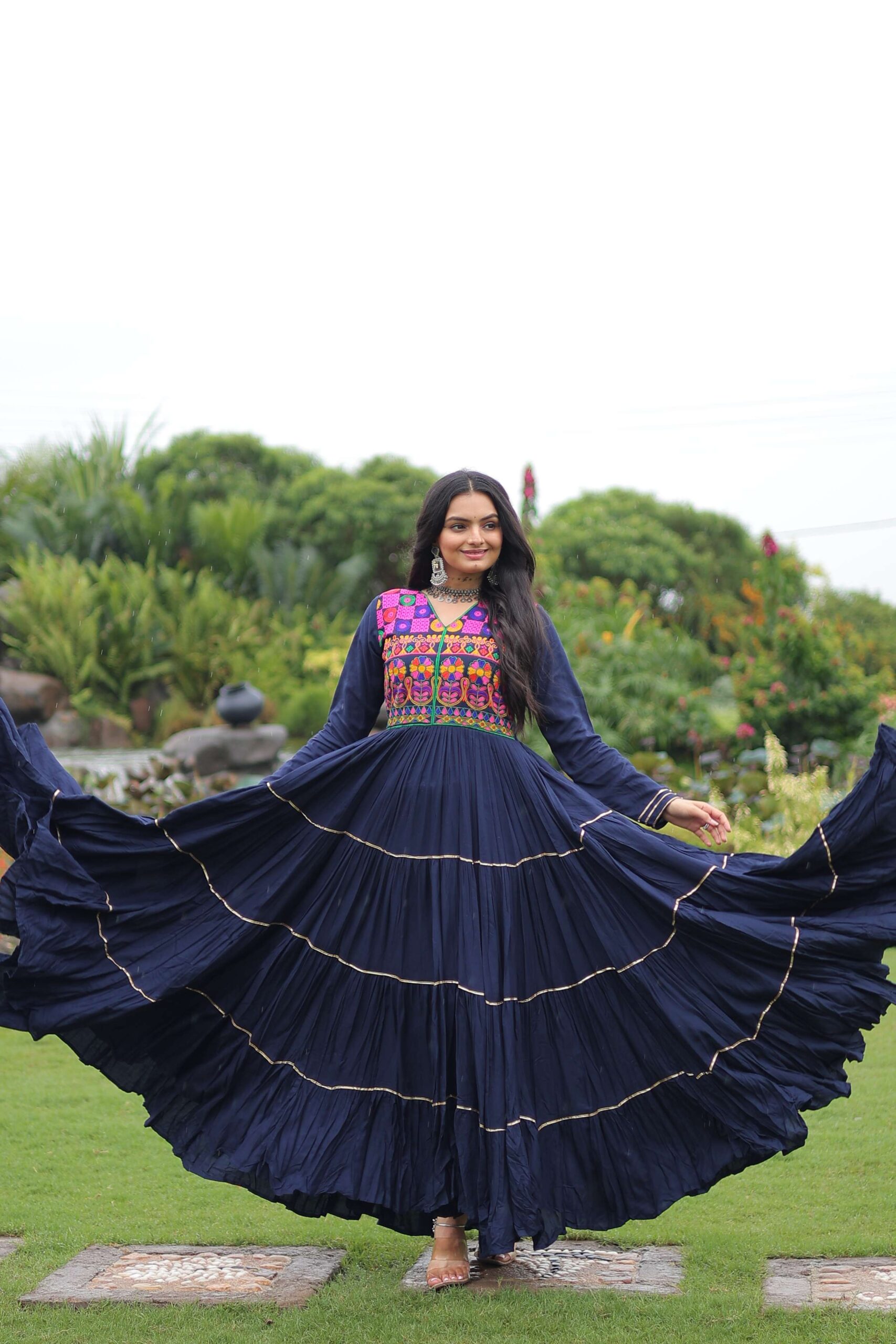 Navy-Blue Premium Navratri Gown with Kutchi Gamthi Embroidery, Mirror Work & Frill Detailing ? Elegant Ethnic Wear for Women - Image 5