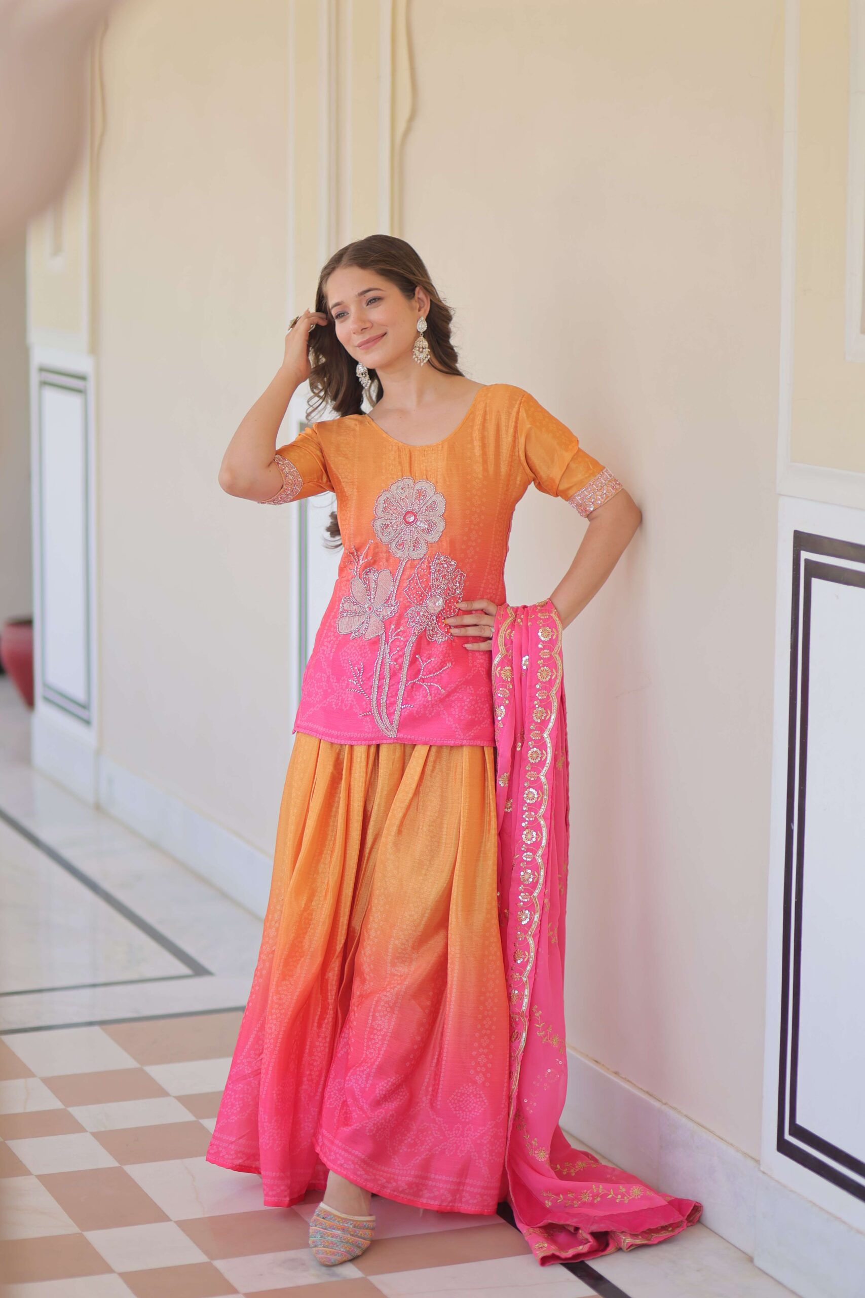 Pink Premium Designer Chinnon Print Top-Sharara-Dupatta Set with Bead & Zari Work ? Elegant Ethnic Wear for Women - Image 5