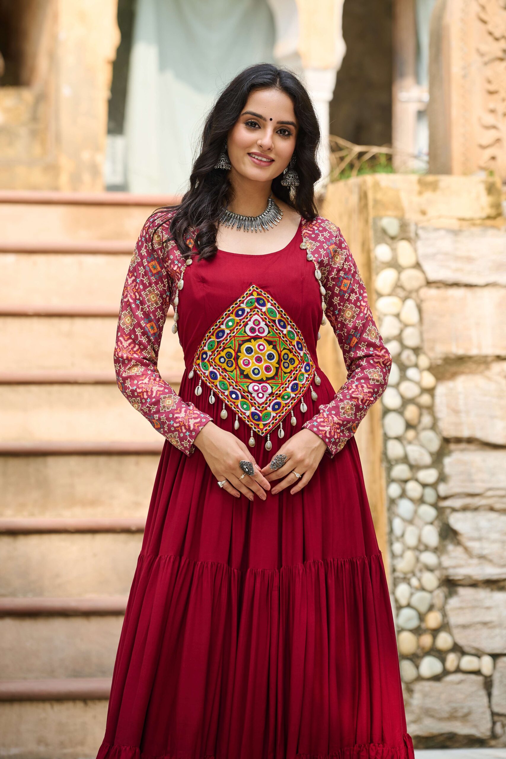 Maroon Navratri Special 14 Kg Reyon Designer Gown with Kutchi Gamthi & Cotton Print Work - Image 5