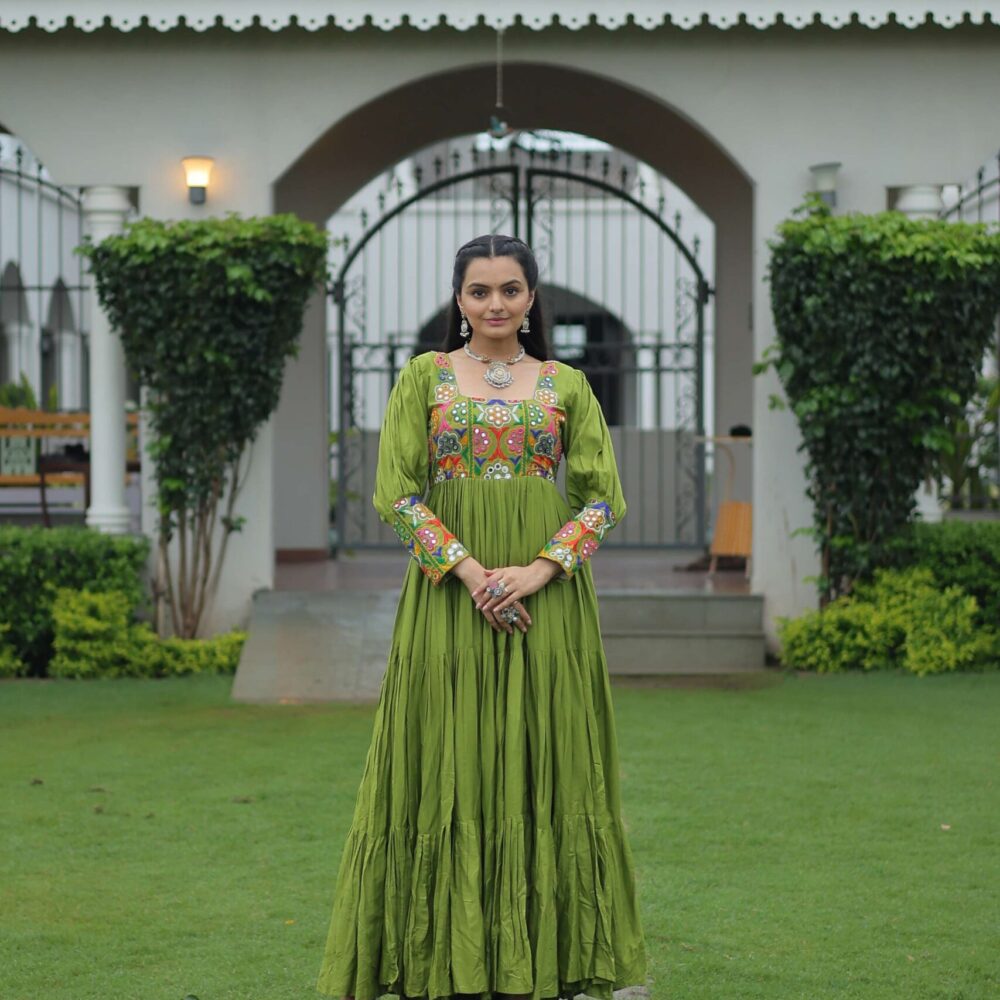 Perot Navratri Special 14 Kg Reyon Designer Gown with Kutchi Gamthi Work ? Flared Ethnic Wear for Women