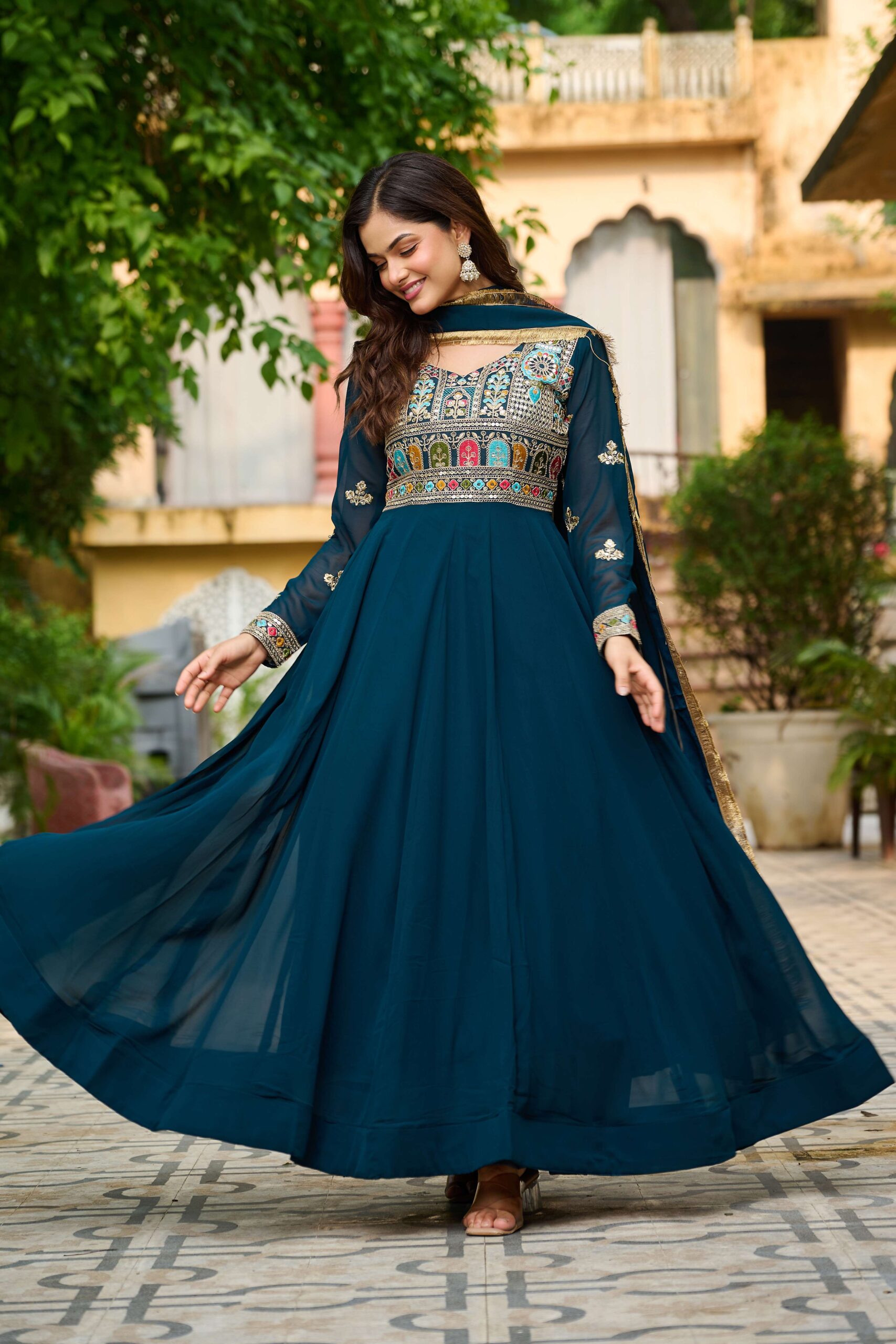 Rama Elegant Faux Blooming Designer Gown with Sequins & Multi-Thread Embroidery ? Ethnic Dupatta Set