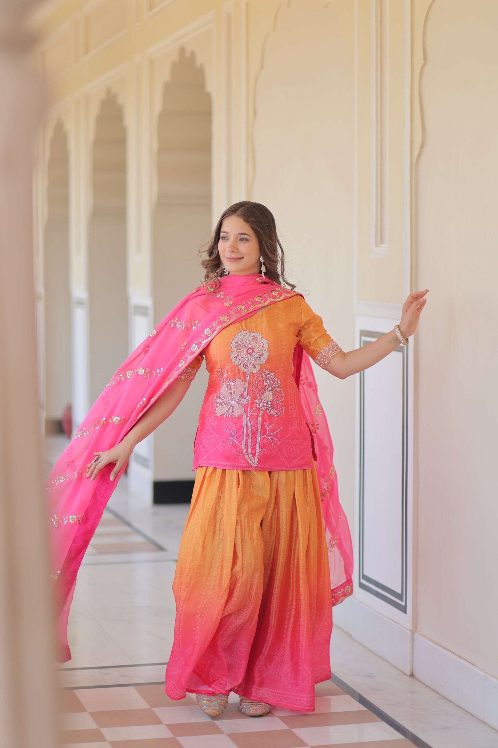 Pink Premium Designer Chinnon Print Top-Sharara-Dupatta Set with Bead & Zari Work ? Elegant Ethnic Wear for Women - Image 3