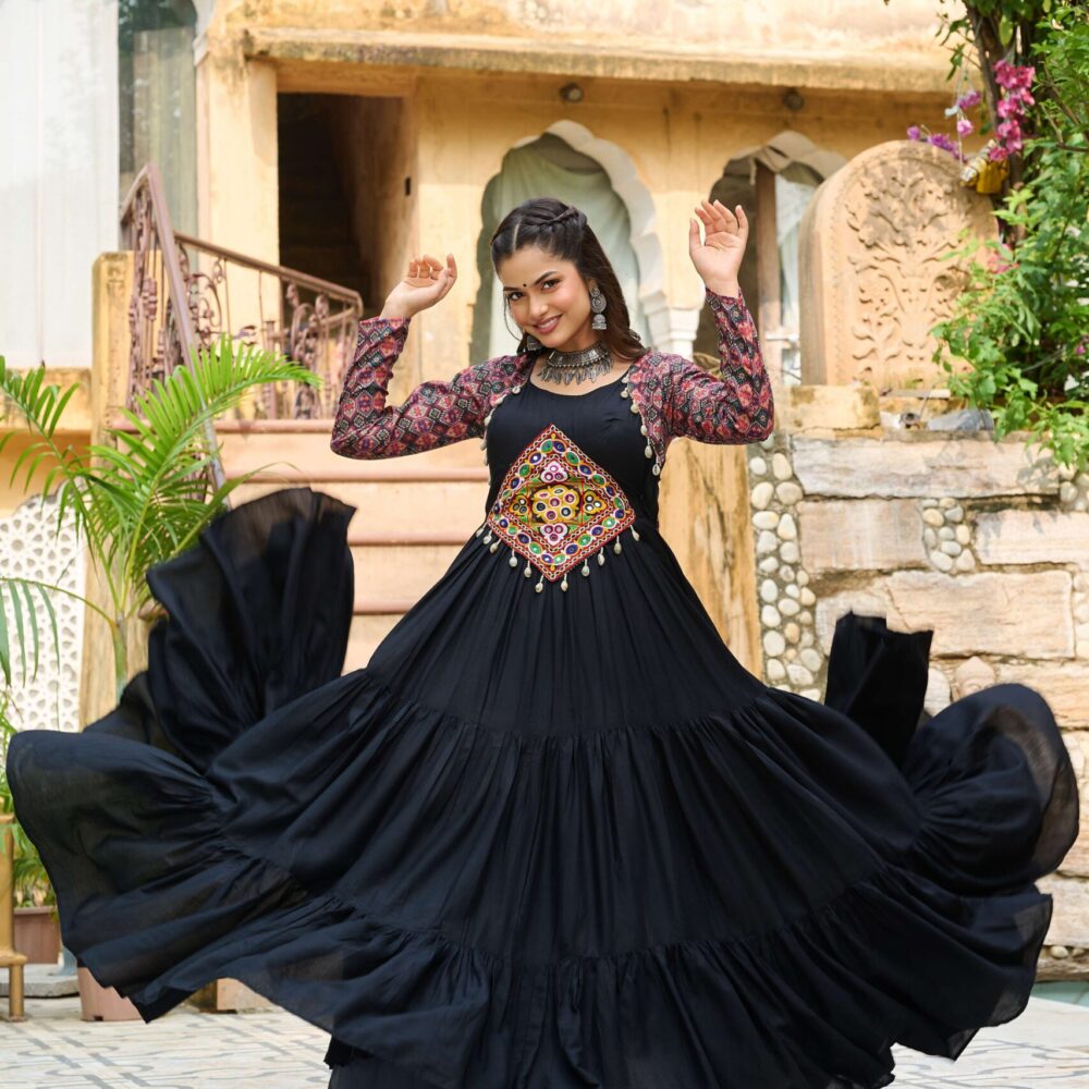 Black Navratri Special 14 Kg Reyon Designer Gown with Kutchi Gamthi & Cotton Print Work