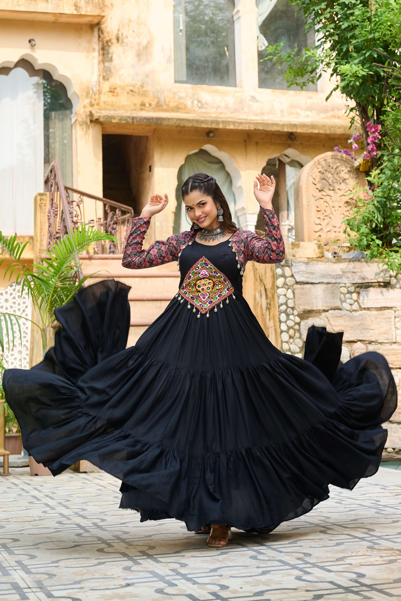 Black Navratri Special 14 Kg Reyon Designer Gown with Kutchi Gamthi & Cotton Print Work